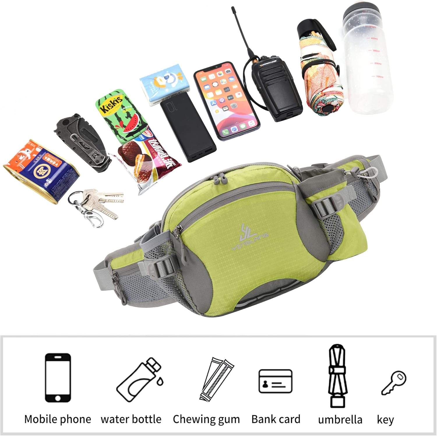 Water Resistant Bum Bag with Water Bottle Holder and Multi-Pockets, Large Capacity Waist Fanny Pack Bumbag for Dog Walking Hiking Travel Sports Women Men, Green, L - Blue image number 7