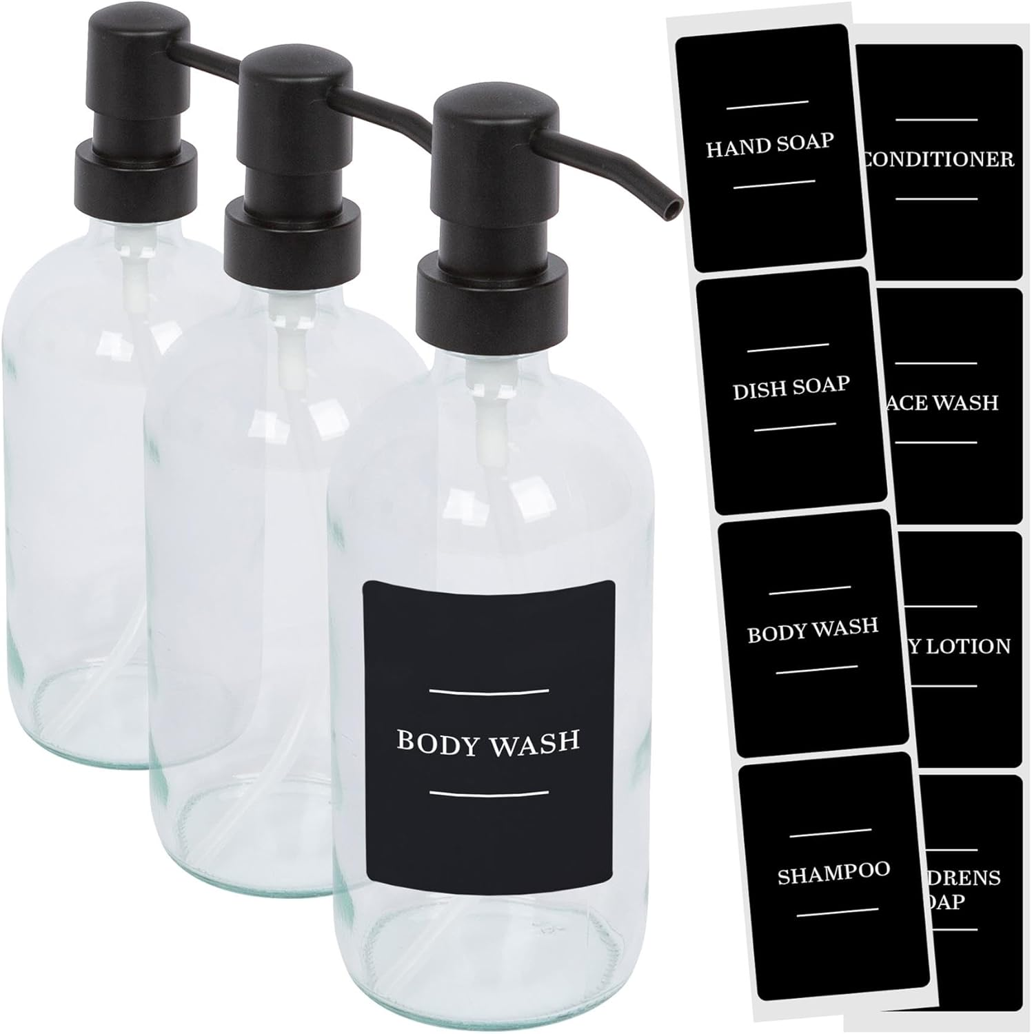 Harbour Housewares Glass Soap Dispensers with Labels - Amber/Black - 3 Pack - 500Ml Refillable Soap Dispensers Hand and Dish Liquid Pump for Bathroom, Kitchen, Laundry Room