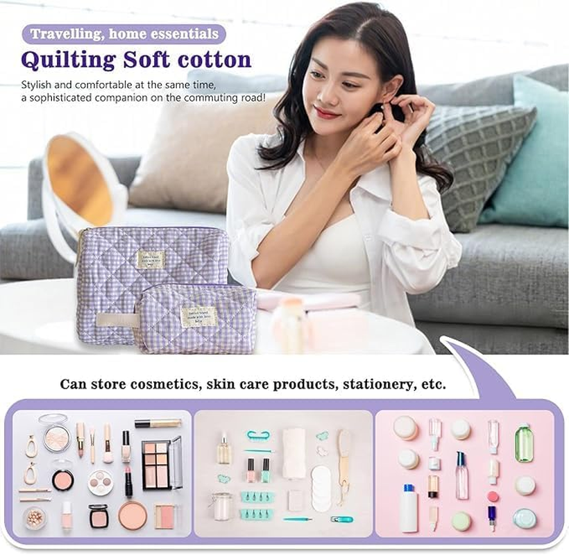 Ksngtixe 2 Pcs Quilted Cotton Makeup Bags Set - Cute Checkered Design Cosmetic Organizer for Brushes & Toiletries, Travel-Friendly Beauty Storage (24Cm+16Cm) image number 4