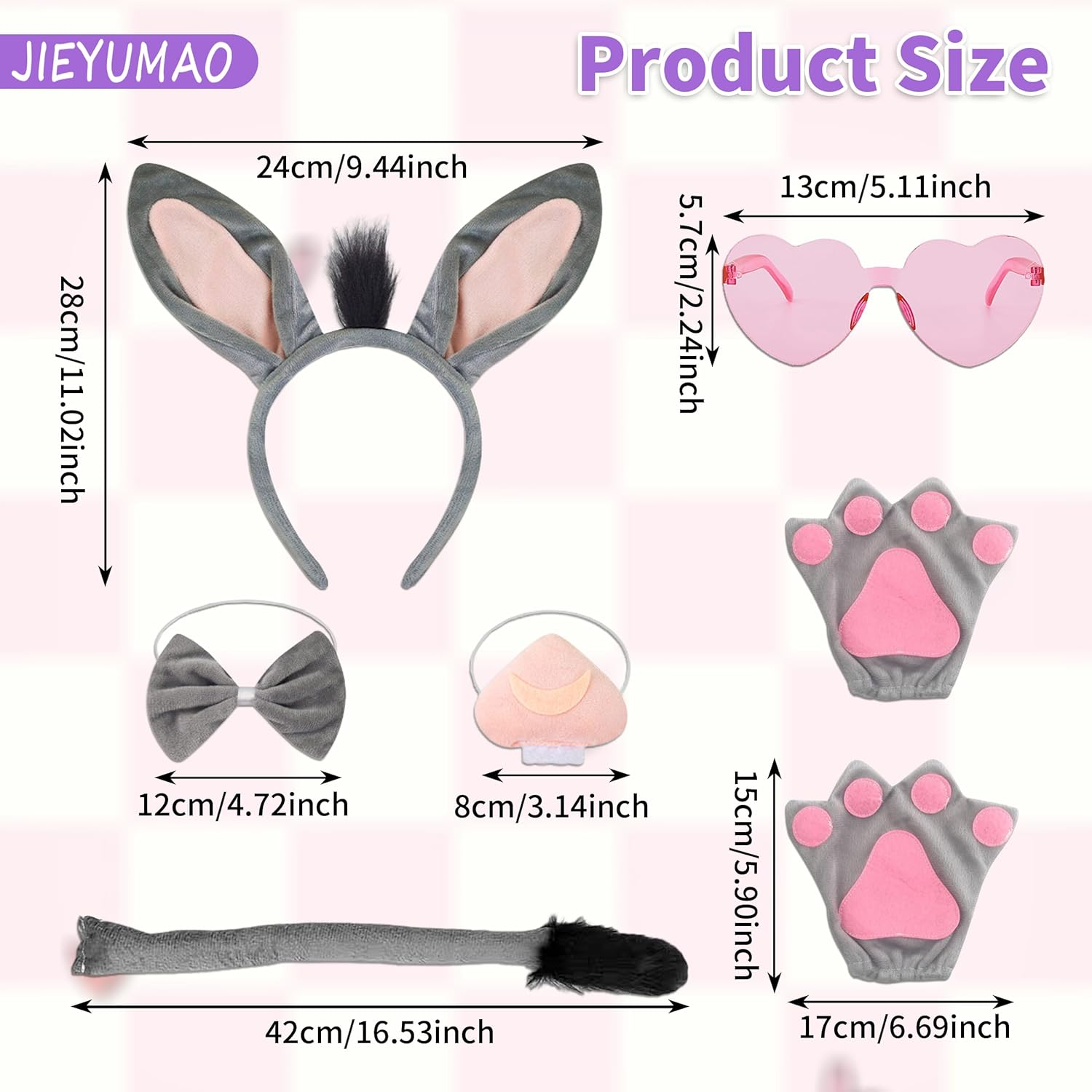 JIEYUMAO Donkey Costume Set, Donkey Costume Accessory for Women Men, Grey Donkeys Costumes with Donkeys Ears Headband Sunglasses Nose Tail Paws Bow Tie for Halloween Cosplay Party