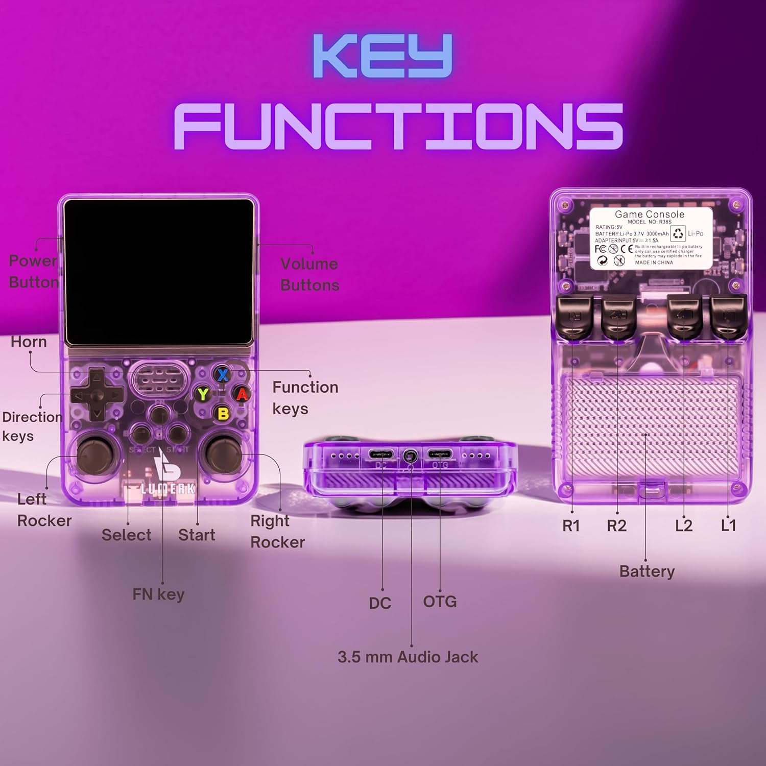 Lumerk R36S Handheld Retro Game Console Air Version(V2.0), 3.5 Inch IPS Screen with Emulator System, 15,000+ Built-In Classic Games, Portable Gaming Console with Dual 3D Joysticks (Transparent Purple)