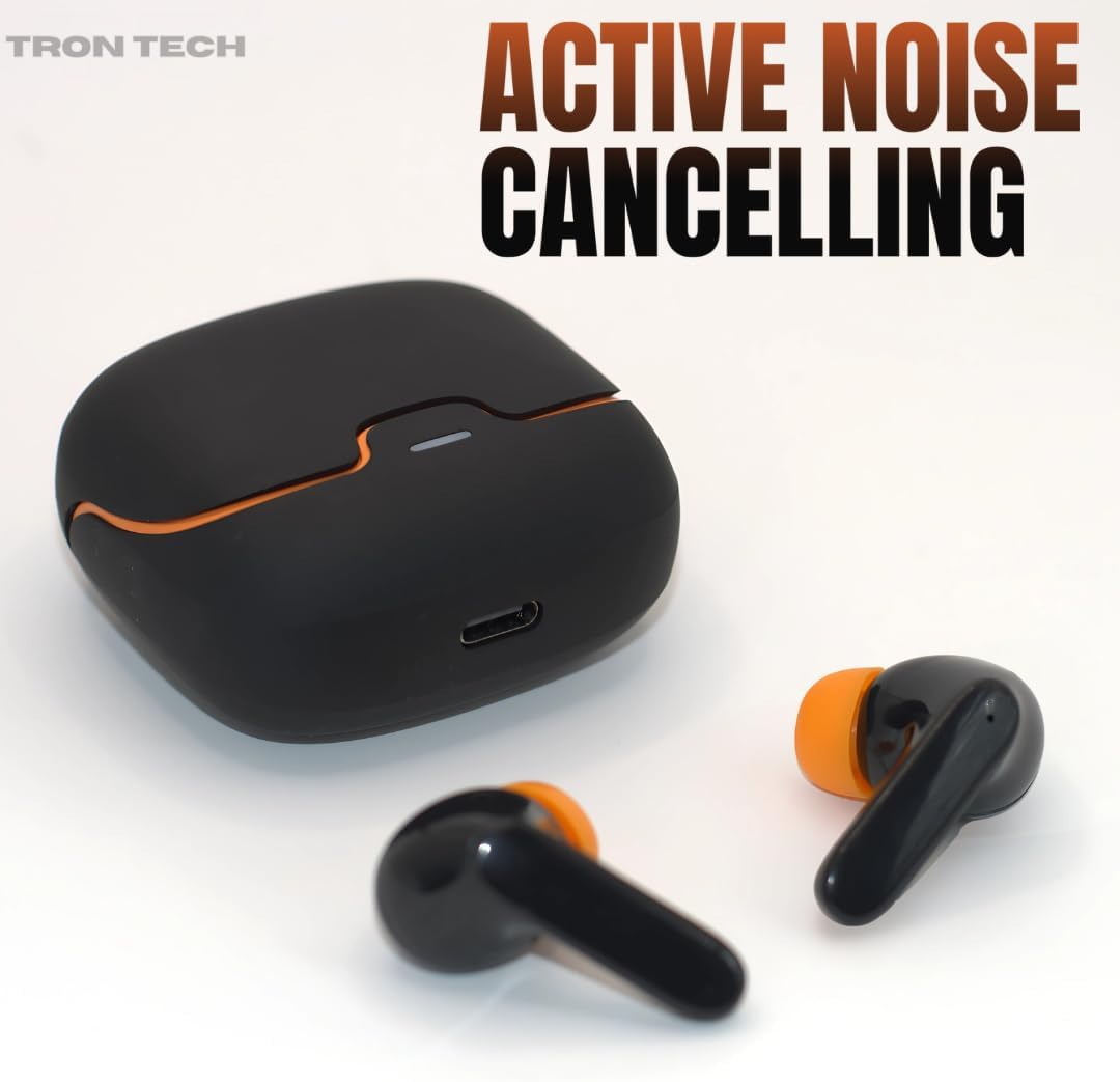 Bluetooth Earbuds with Active Noise Cancelling, Bluetooth 5.4, Lightweight, Wireless Charging Case, Built-In Microphone, Premium Sound for Ios Android (Black Orange)