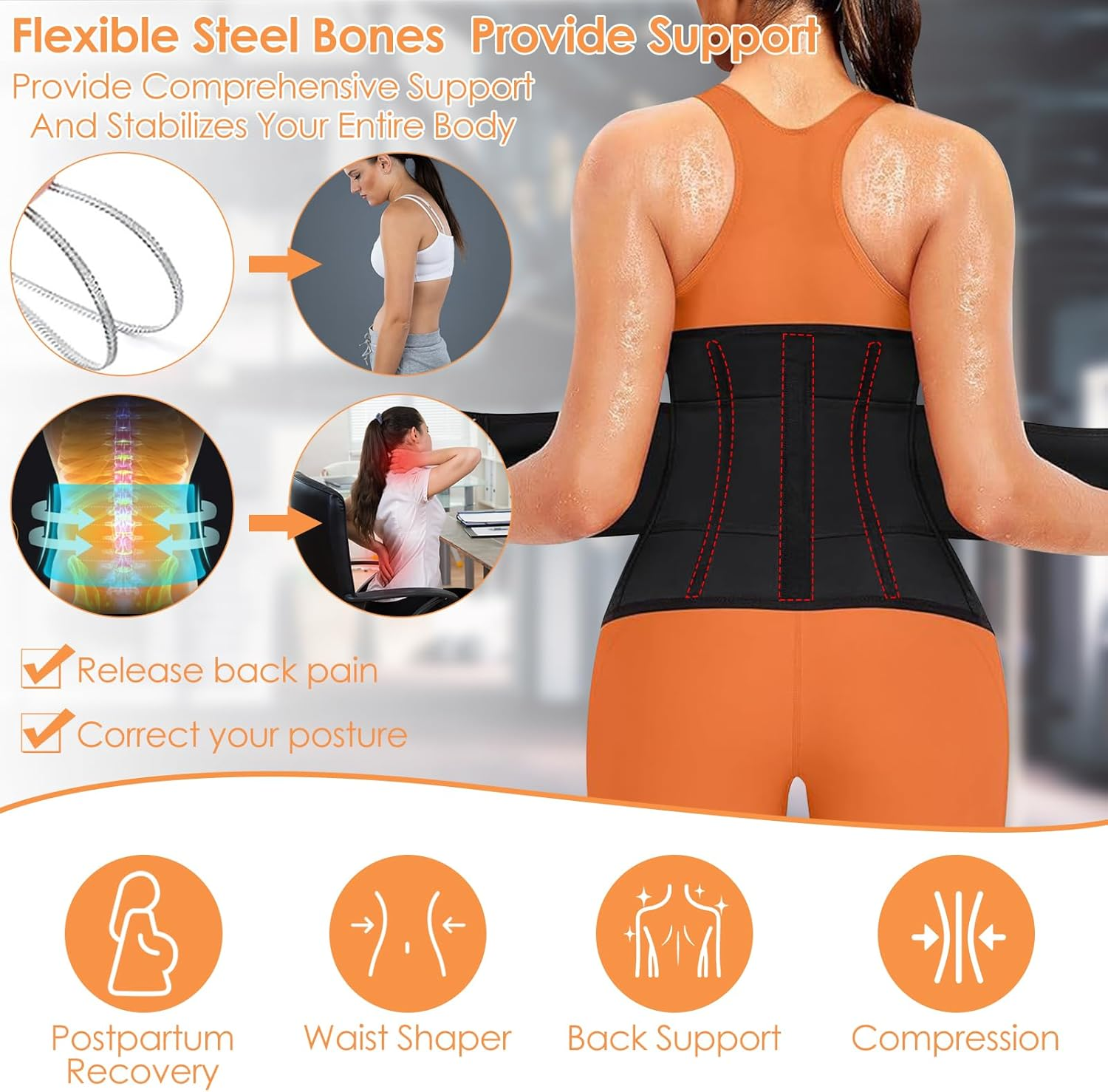 Women'S Sweat Waist Trimmer Trainer Weight Loss Sauna Corset Workout Belt Tummy Control Belly Band Stomach Wraps Body Shaper Sports Girdle image number 2