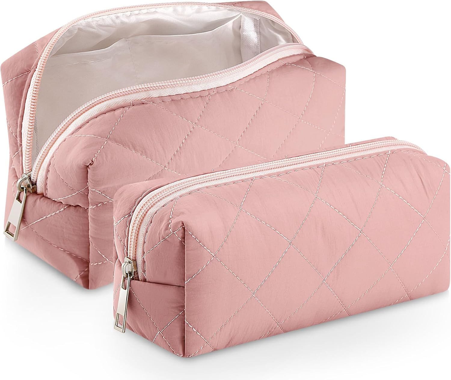 Siltriangle 2 Pcs Valentines Puffy Makeup Bag Quilted Cosmetic Pouch for Women Cute Puffer Makeup Organizer Compact Toiletry Bags Preppy Pencil Case with Zipper Winter Gift for Women Girlfriend, Beige