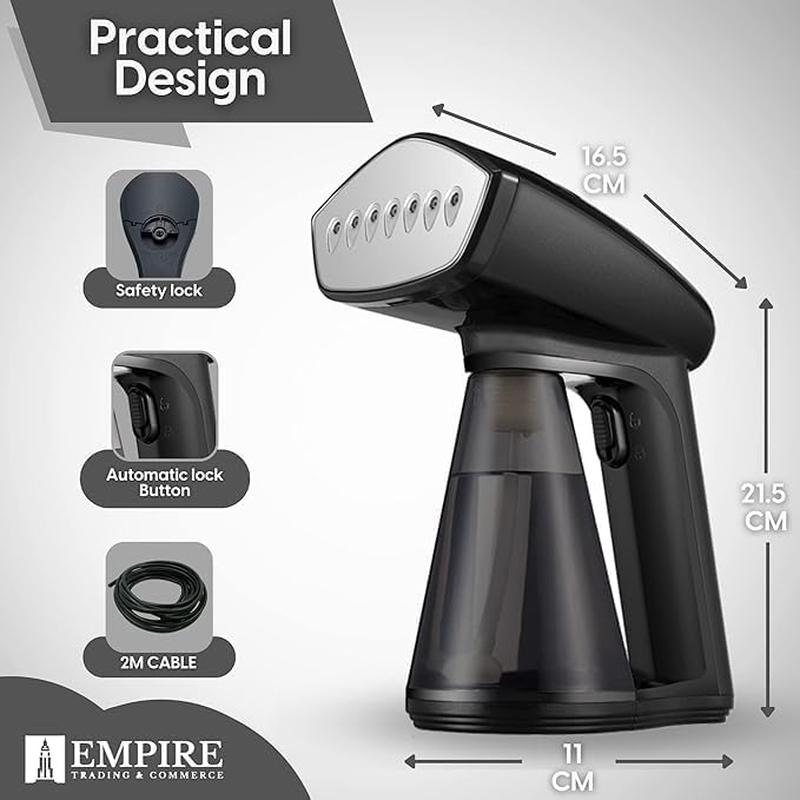 Empire Garment Steamer, 1640W Fabric Steamer, 25G/Min Steam Output, Fast Heat-Up, 260ML Detachable Water Tank, Lightweight Travel Iron for Clothes & Fabrics - Black image number 6