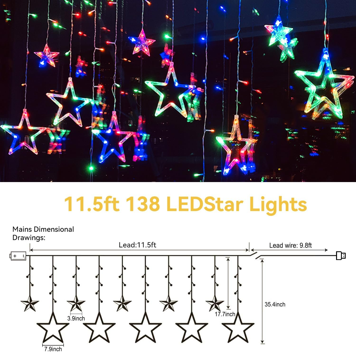 Curtain Fairy Lights 3.5M/11.5FT 138 Leds 12 Stars Battery Operated Christmas Lights 8 Mode Outdoor Indoor Waterfall Backdrop for Bedroom Wedding Party Wall Decor