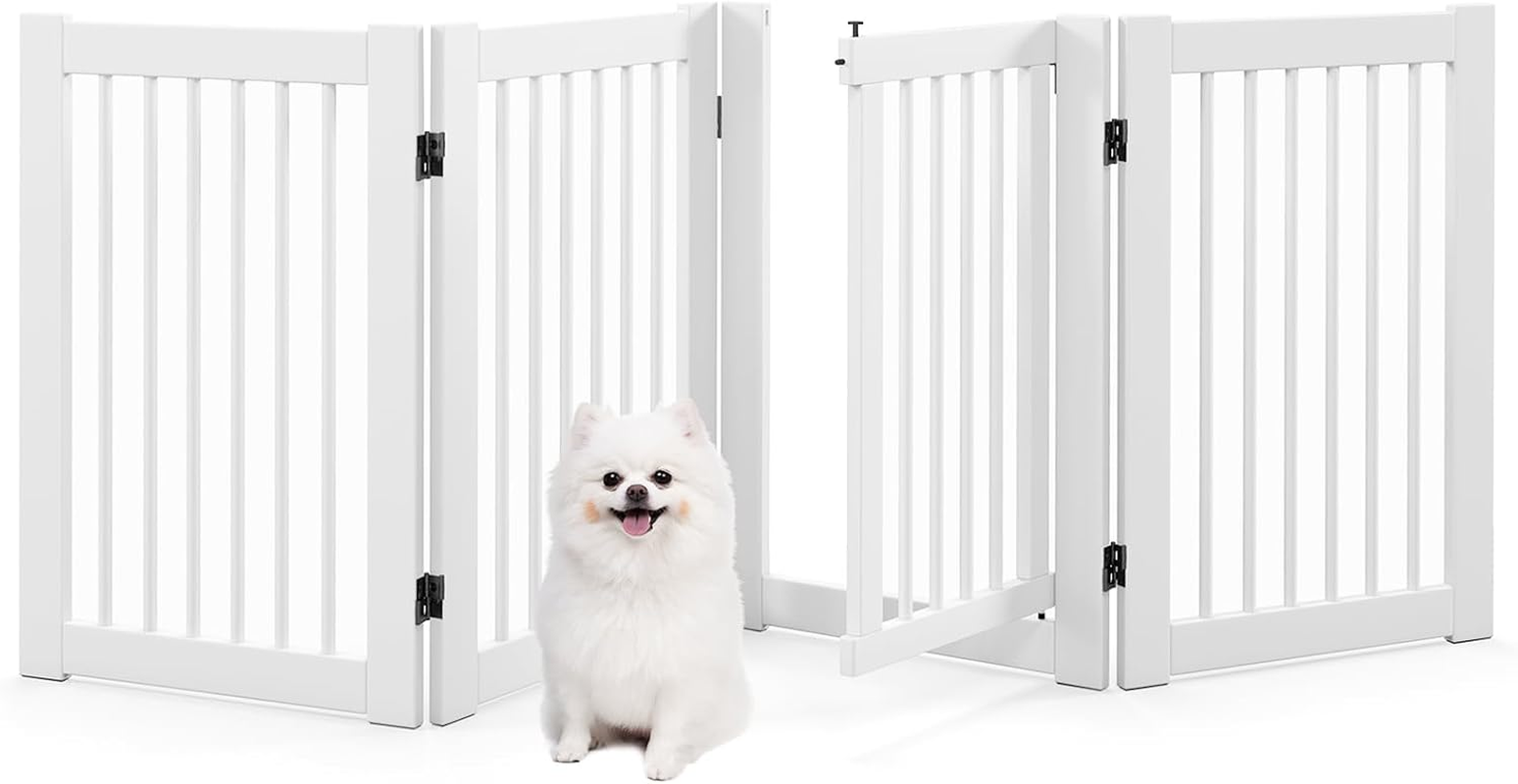 Giantex Dog Gate with Door - 30''H &times; 80''W Wooden Pet Gate with Walk through Door, Foldable Freestanding 4 Panels Pet Safety Fence Extra Wide for Doorway Stairs House Deck Yard, White image number 1