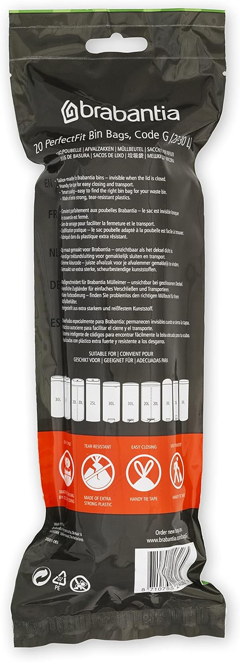 Brabantia 138423 Perfectfit Bin Liners Multipack (Size G/23-30 Litre) Thick Plastic Trash Bags with Tie Tape Drawstring Handles (120 Bags), White image number 5