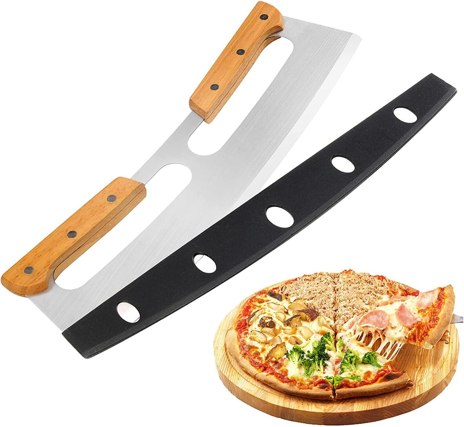 Leona Co 35CM Pizza Cutter Rocker, Stainless Steel Blade Knife with Wooden Handle & Protective Cover, Large Pizza Slicer Chopper Knife Cutters for Kitchen Tool image number 3