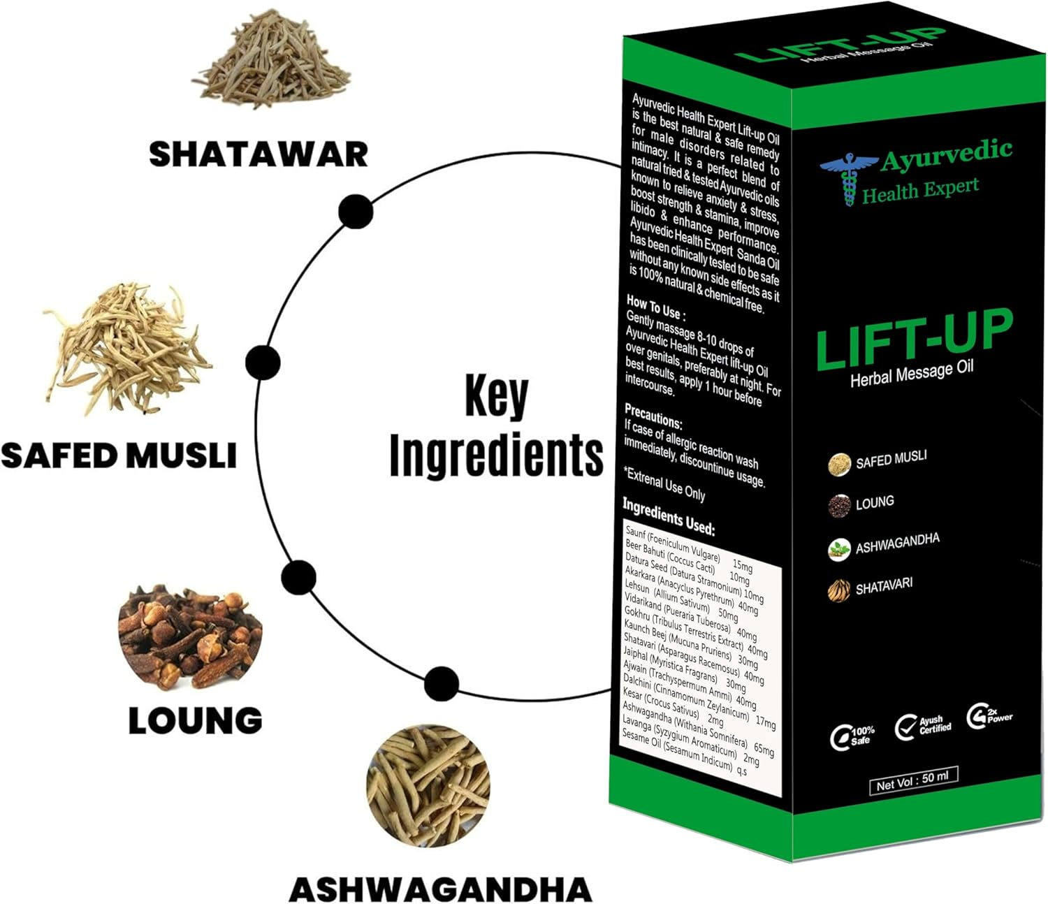 Ayurvedic Health Expert Lift-Up Herbal Massage Oil for Men | Safed Musli, Ashwagandha, Shatavari, Long | Natural Ayurvedic Formula | External Use Only | 50 Ml image number 3
