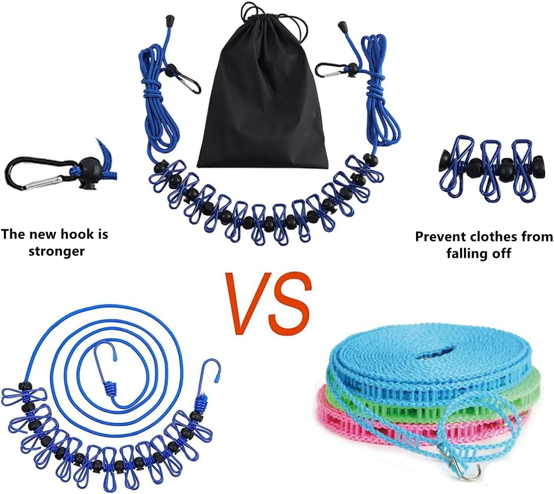 2 Pack Portable Clothesline with 12 Clothespins, Retractable Travel Windproof Clothesline with Climbing Clip, Suitable for Camping, Hotel Indoor and Outdoor Use(Blue) image number 1