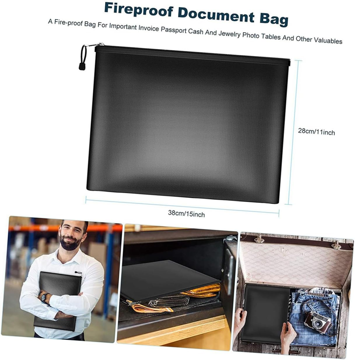 GAXIRE Fireproof Document Bag Zipper Money Organizer Large Capacity Secure Storage for Important Files Passports Cash Certificates Home Office Use