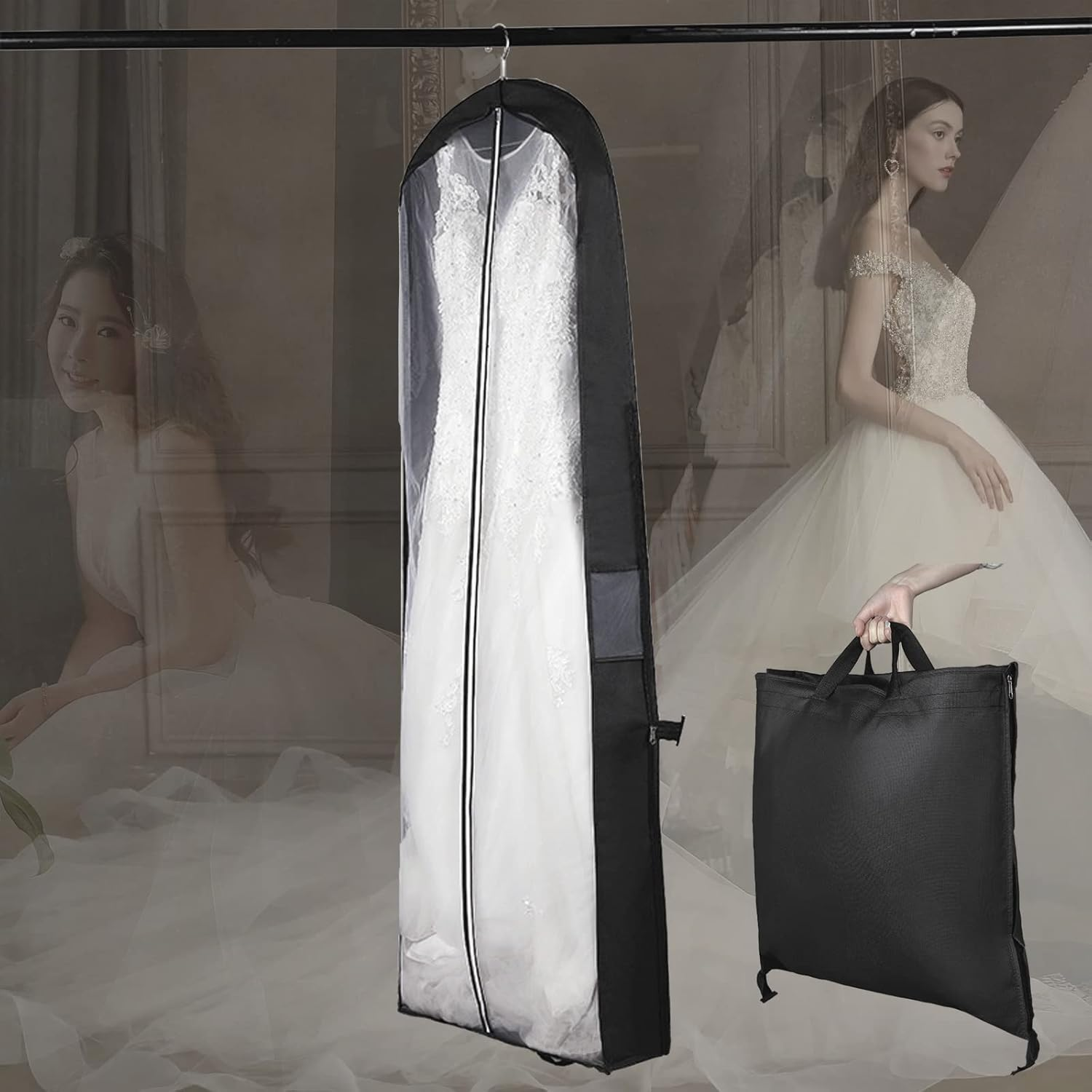 Lehom Dust Proof Garment Storage Bags Wedding Dress Storage Bag Black Foldable Hanging Garment Cover Bridal Gown for Travel Suits Tuxedos Dresses Coats Wedding Dress Garment Bag 72&rdquo; X 24&ldquo; Large image number 2