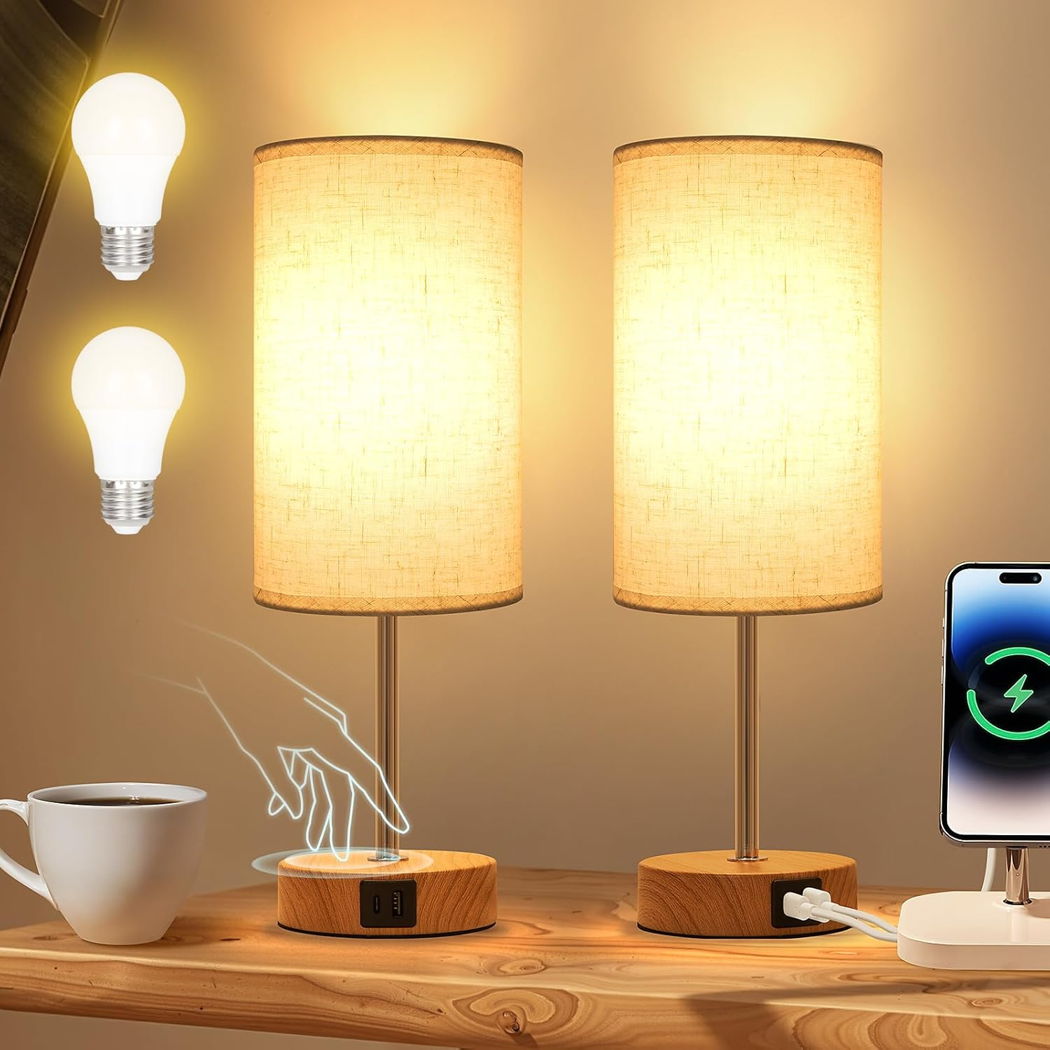 Erumpere Bedside Lamp with USB A+C Port Set of 2 - Touch Control Table Lamp for Bedroom 3 Way Dimmable Nightstand Lamp with Linen Fabric Shade for Living Room, Dorm, Home Office (LED Bulb Included) image number 2