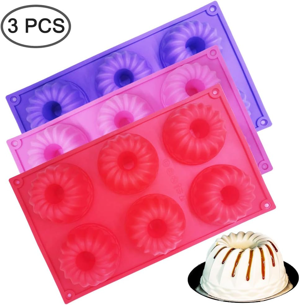 Findtop 3 Packs Silicone Mini Fluted Cake Pans, Mini Tube Cake Baking Pan for Muffin Cups, Coffee Cake, Cupcake, Brownie- Pink, Purple, Red