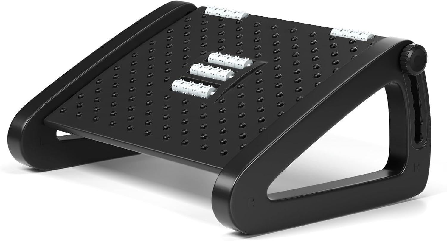 Under Desk Foot Rest, Six Height Adjustable Ergonomic Footstool under Desk with Foot Massage Roller, Suitable for Office, Home Leg Rest Footrest (Black)