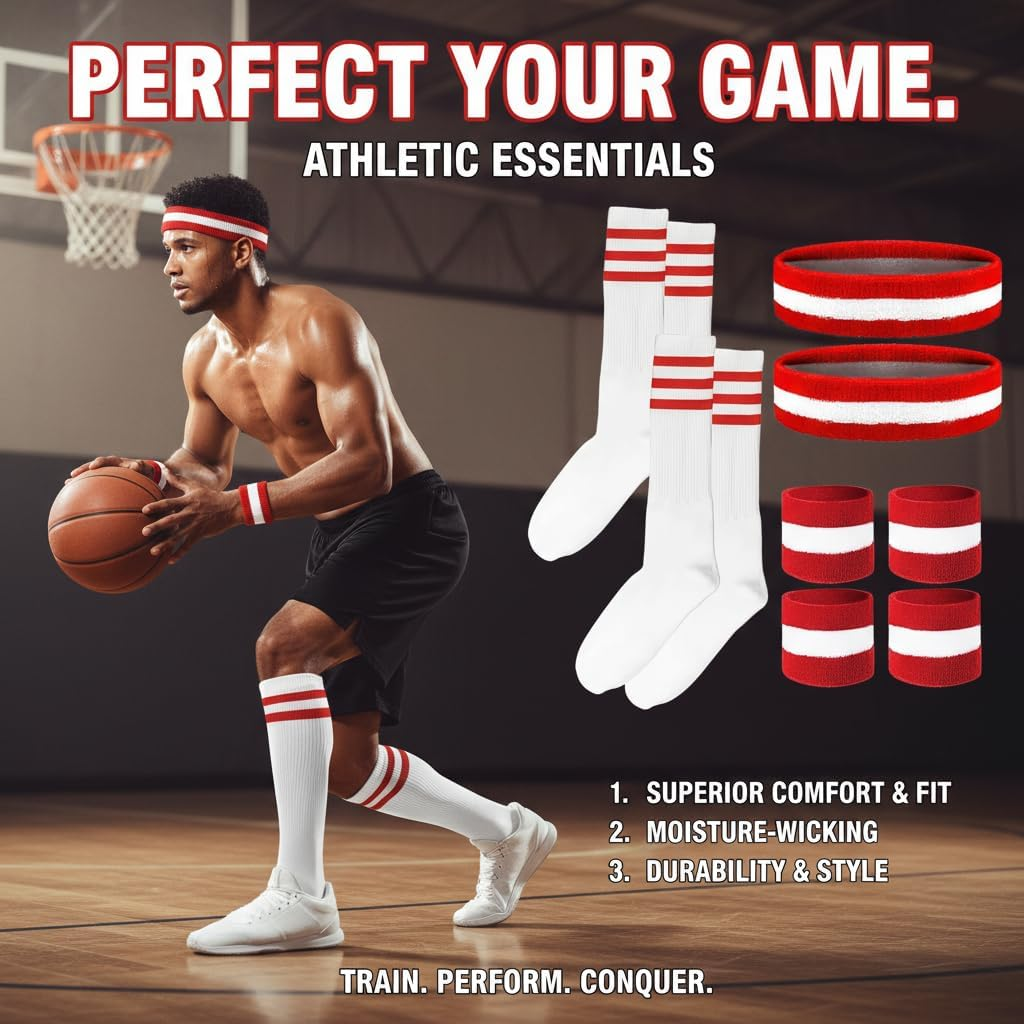 10 Pieces Red and White Striped Socks and Sweatbands Set, 80S Costume Accessories for Women and Men, Soft Breathable Cotton Material, Compatible with Sports and Fitness by Ruibex image number 1
