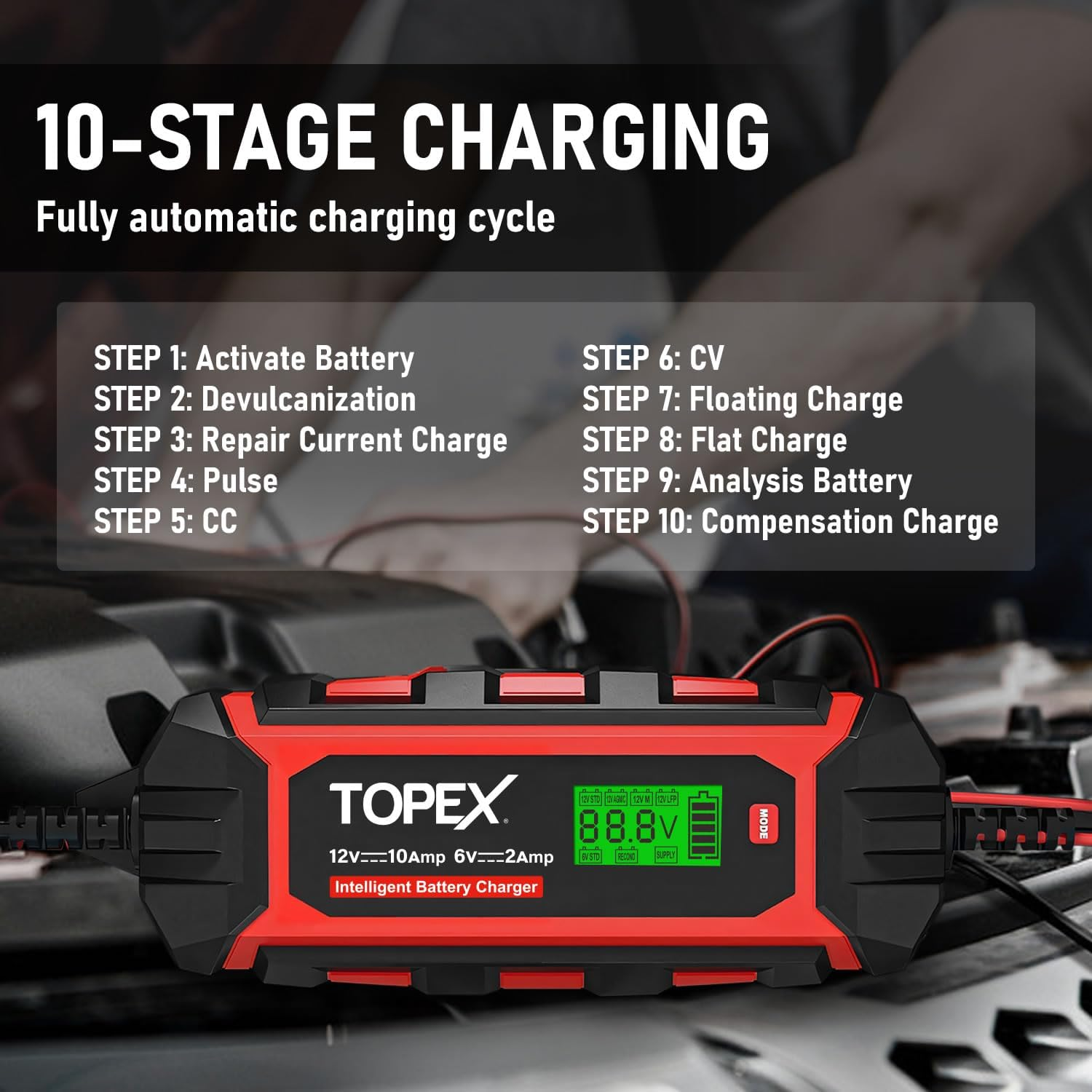 TOPEX Car Battery Charger, 12V 10A/ 6V 2A Smart Automatic Battery Charger Maintainer IP65 Rated with 10 Stage Charging LCD Display for Lead Acid, Lifepo4 Battery in Car, Truck, Motorcycle, Boat, SUV image number 1