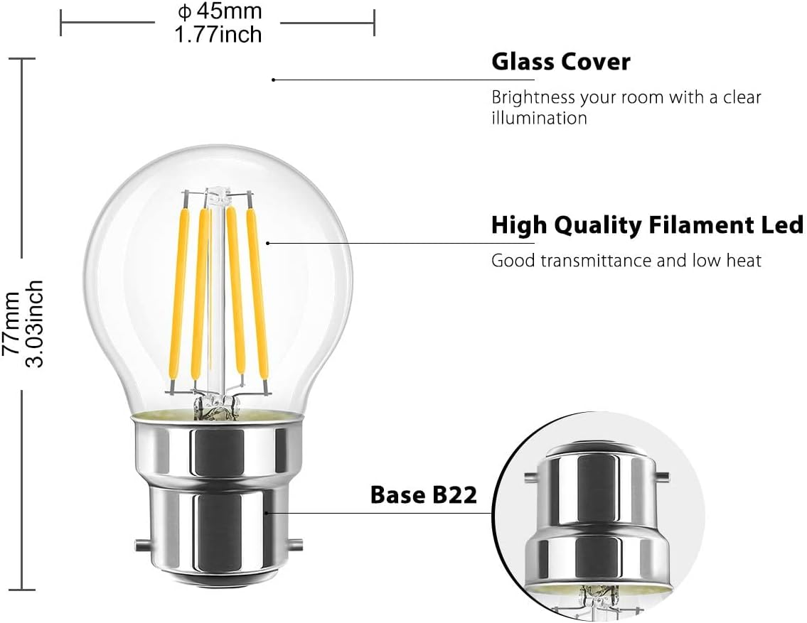 LVWIT B22 Golfball LED Bayonet Filament Bulb, 5.5W Mini B22 Led Golf Bulbs 60W Equivalent,806Lm,2700K Warm White Small Globe Bayonet,220-240V,45 * 77Mm,Non-Dimmable(6 PCS) image number 1