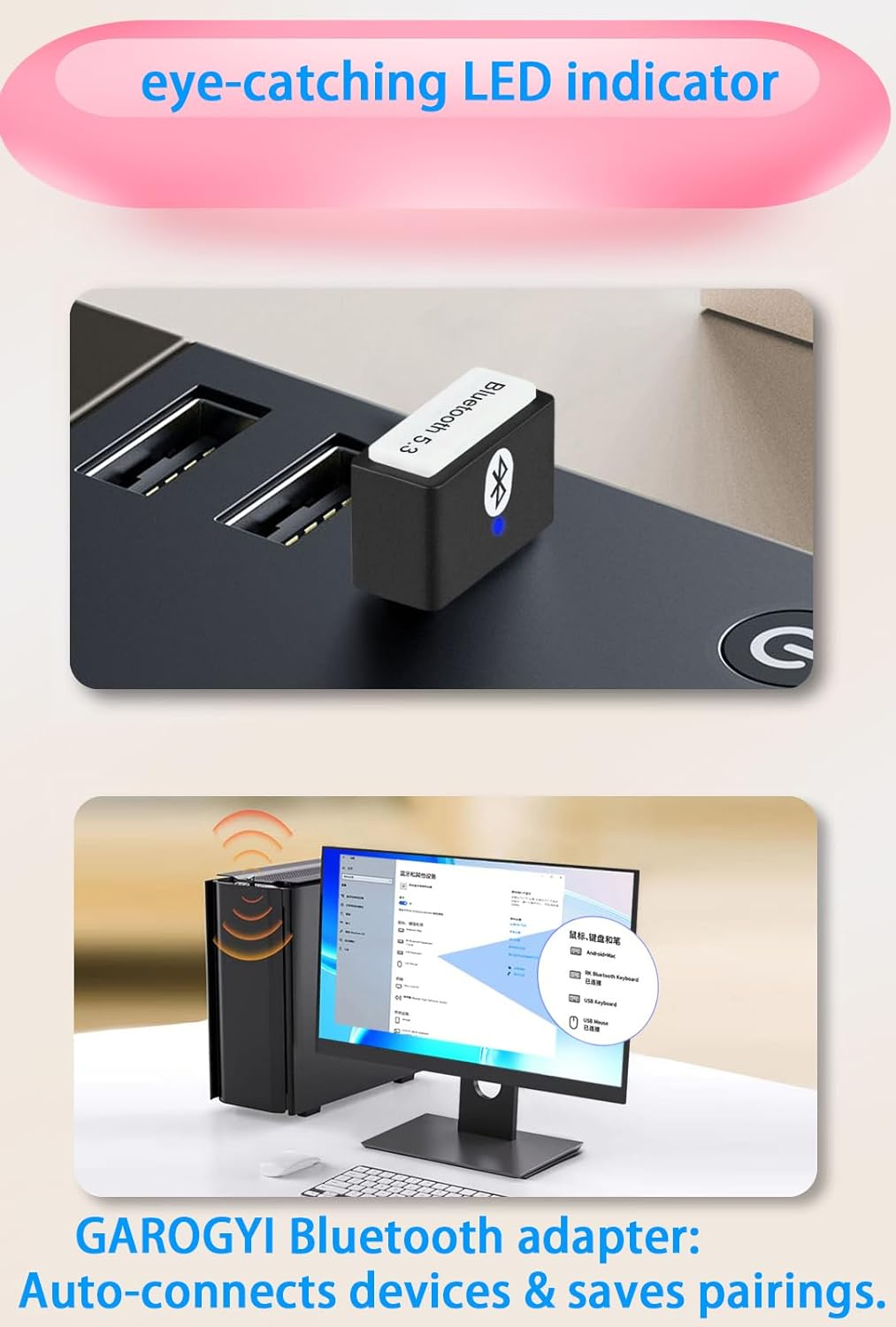 USB Bluetooth 5.3 Adapter for PC Supports Windows 11/10/8.1/7, Plug and Play for Windows 11/10,Mini 5.3+EDR Bluetooth Dongle Receiver&Transmitter for Pc,Laptop,Keyboard,Mouse,Headsets,Speakers image number 2