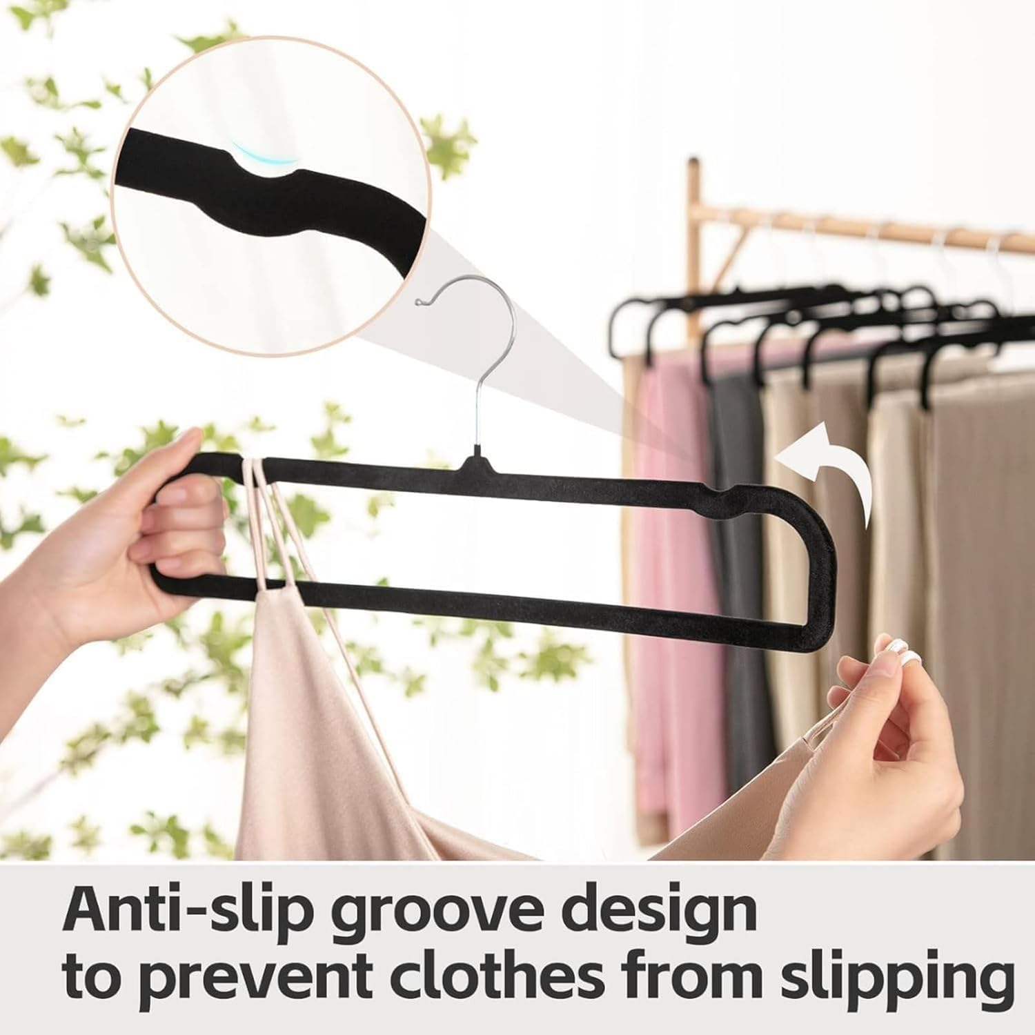 Velvet Trouser Hangers, JOMWEN Pant Hangers Hangers Saving Non Slip,35Cm Extra Strong Trouser Clothes Hangers,Space Saving Non-Slip Pants Hanger for Suit,Dress,Scraf (Black, 10 PCS) image number 2