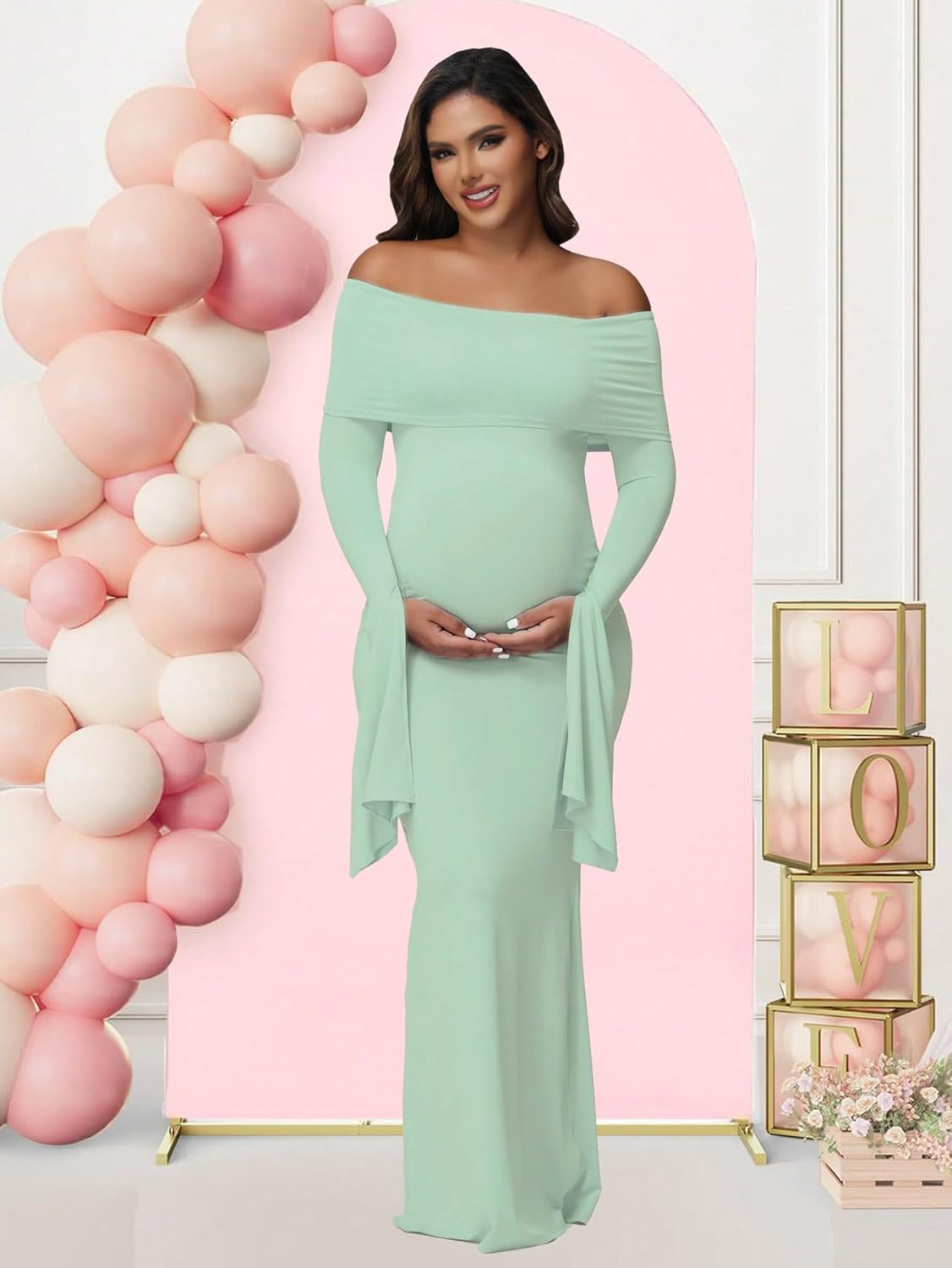 Justvh Women'S Maternity Long Sleeve off Shoulder Pregnancy Photography Dress for Baby Shower Photoshoot Party image number 3