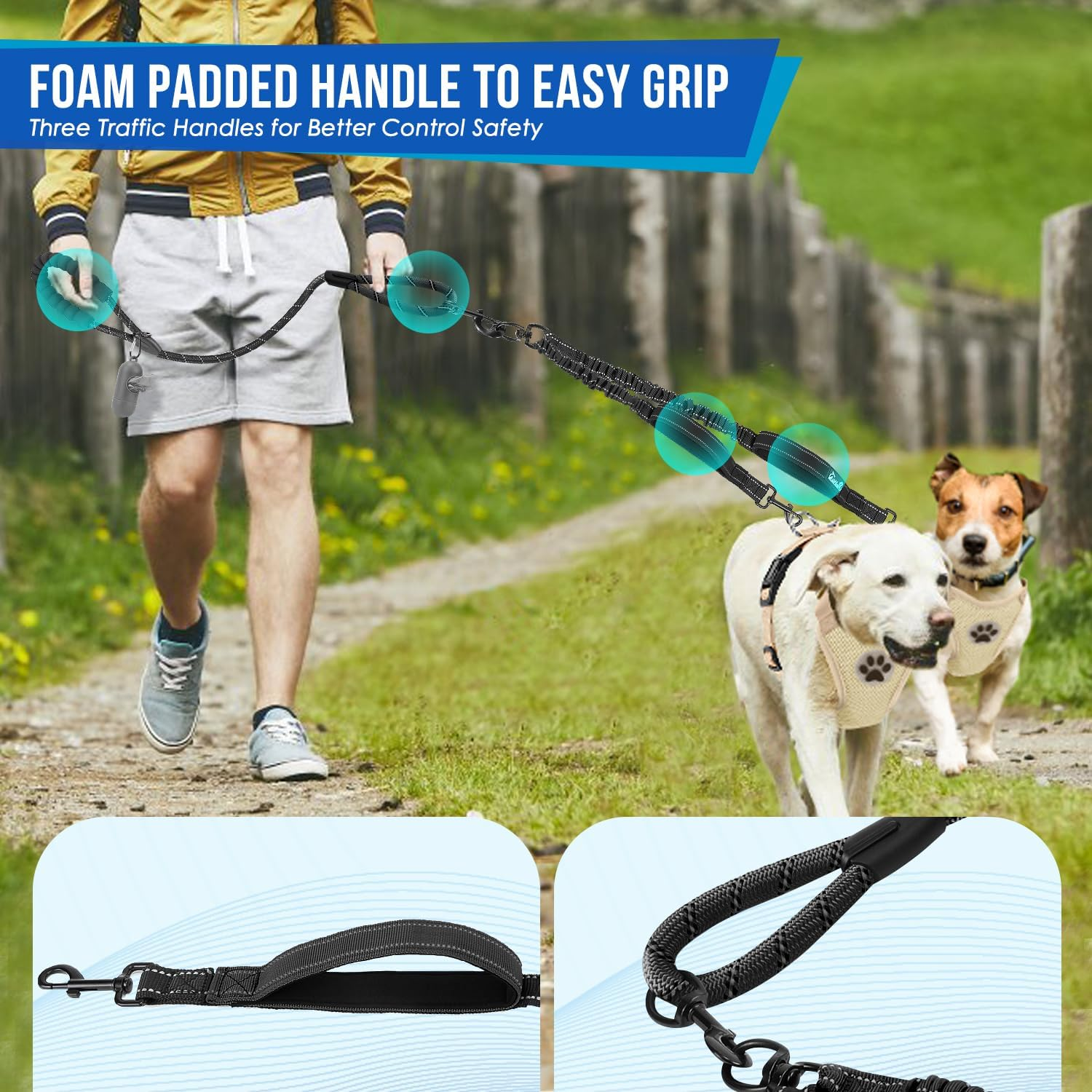 Slowton Double Dog Lead with Extra Handle- 360&deg; Swivel Heavy Duty Reflective Double Dog Lead for Walking 2 Dogs No Tangle Dual Dog Splitter Dog Leash for Small Medium Dogs Walking (Black, Large)