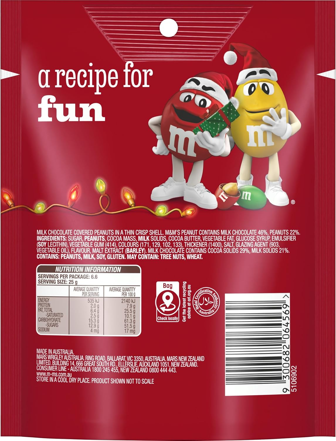 M&M&rsquo;S Christmas Red & Green Peanut Milk Chocolate Snack Bag 165G image number 3