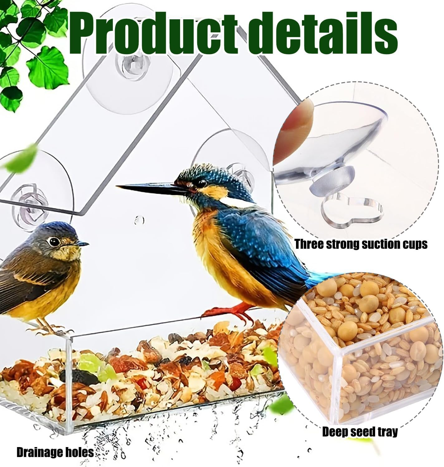 Window Bird Feeder &ndash; Clear Acrylic Bird Feeder, See-Through Design for Close-Up Bird Watching, Easy to Install & Clean