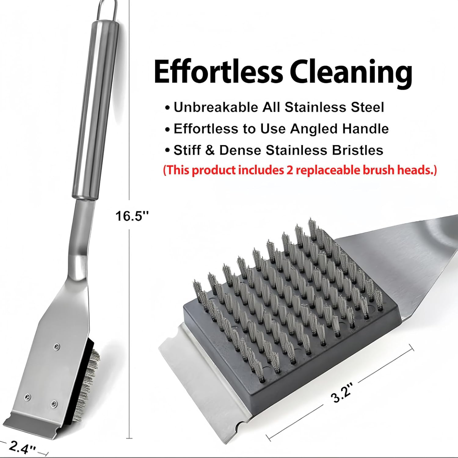 Grill Brush and Scraper - 16.5&rdquo; Wire BBQ Brush for Outdoor Grill, Safe Grill Cleaner Brush with 2PCS Replaceable Brush Heads, Essential BBQ Grill Accessories image number 5