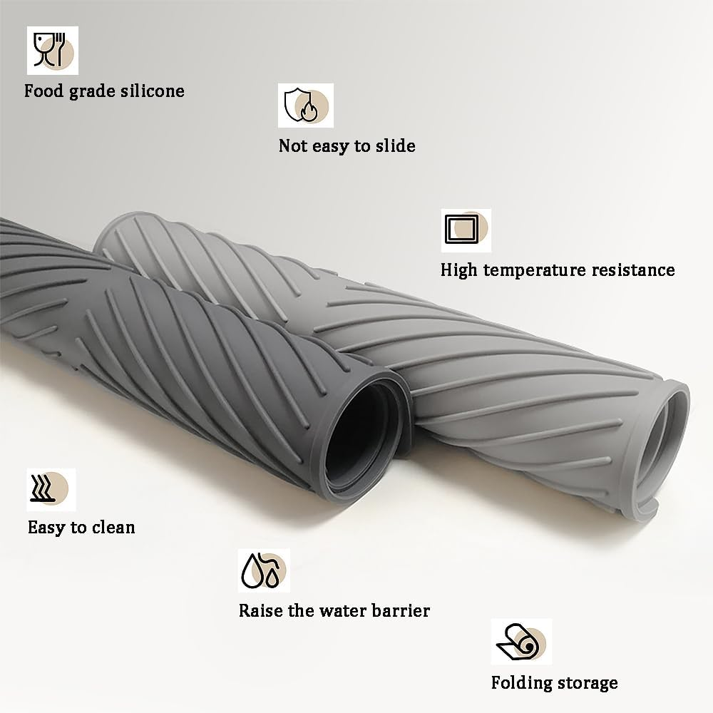 Large Kitchen Counter Dish Mat Silicone Dish Drying Mat with Built-In Drainage Outlet with Hook Drying, Pad Foldable Dish Drainer Mat for Sink Heat-Resistant Quick Dry Easy to Clean (Gray)