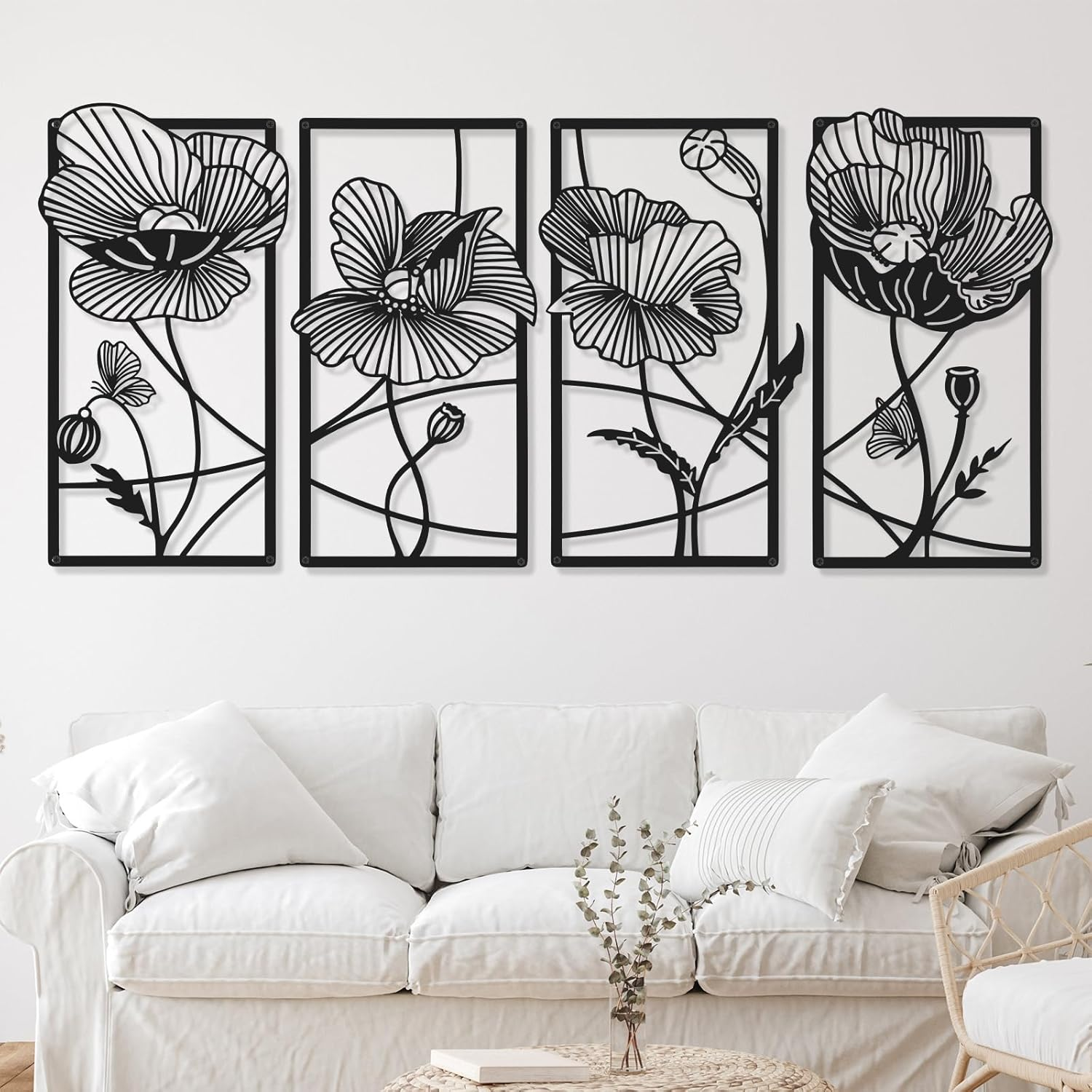 Cunno 4PCS Metal Line Art Wall Decor Living Room Metal Flower Minimalist Sculpture Modern Aesthetic Poppy Floral Minimalist Wall Hanging Bedroom Home Kitchen Bathroom 16.5X11.9'' (Black) DAY-234