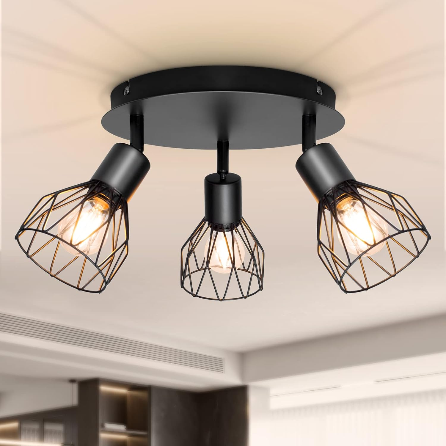 Spot Light Fittings for Ceilings Adjustable Metal Wire Cage Kitchen Spotlight Ceiling Lights with E14 Base Black 4 Way Ceiling Light Industrial for Bedroom Hallway Living Room Shop