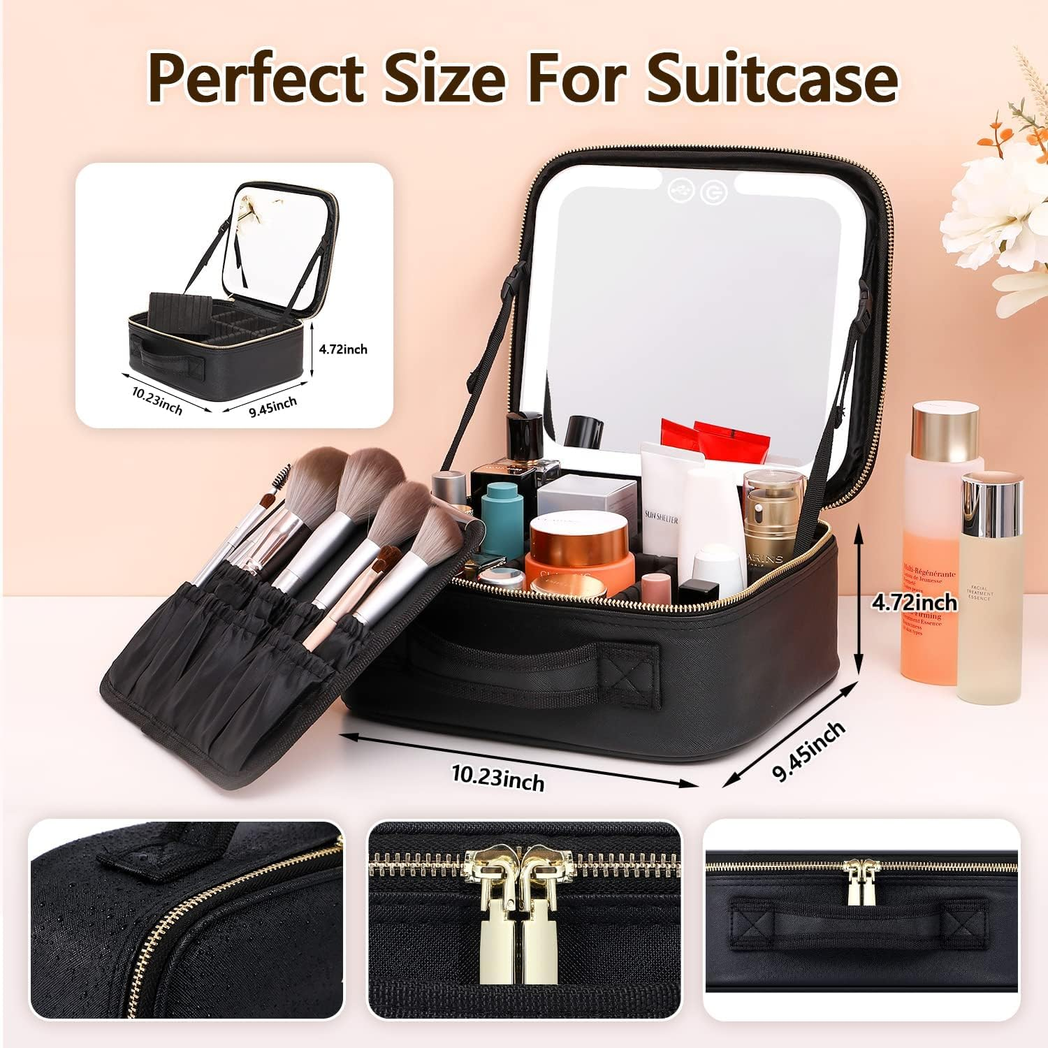 Travel Makeup Bag with LED Lighted Make up Case with Mirror 3 Color Setting Cosmetic Makeup Box Organizer Vanity for Women Beauty Tools Accessories Case Rechargeable, Black, Travel Makeup Bag image number 1