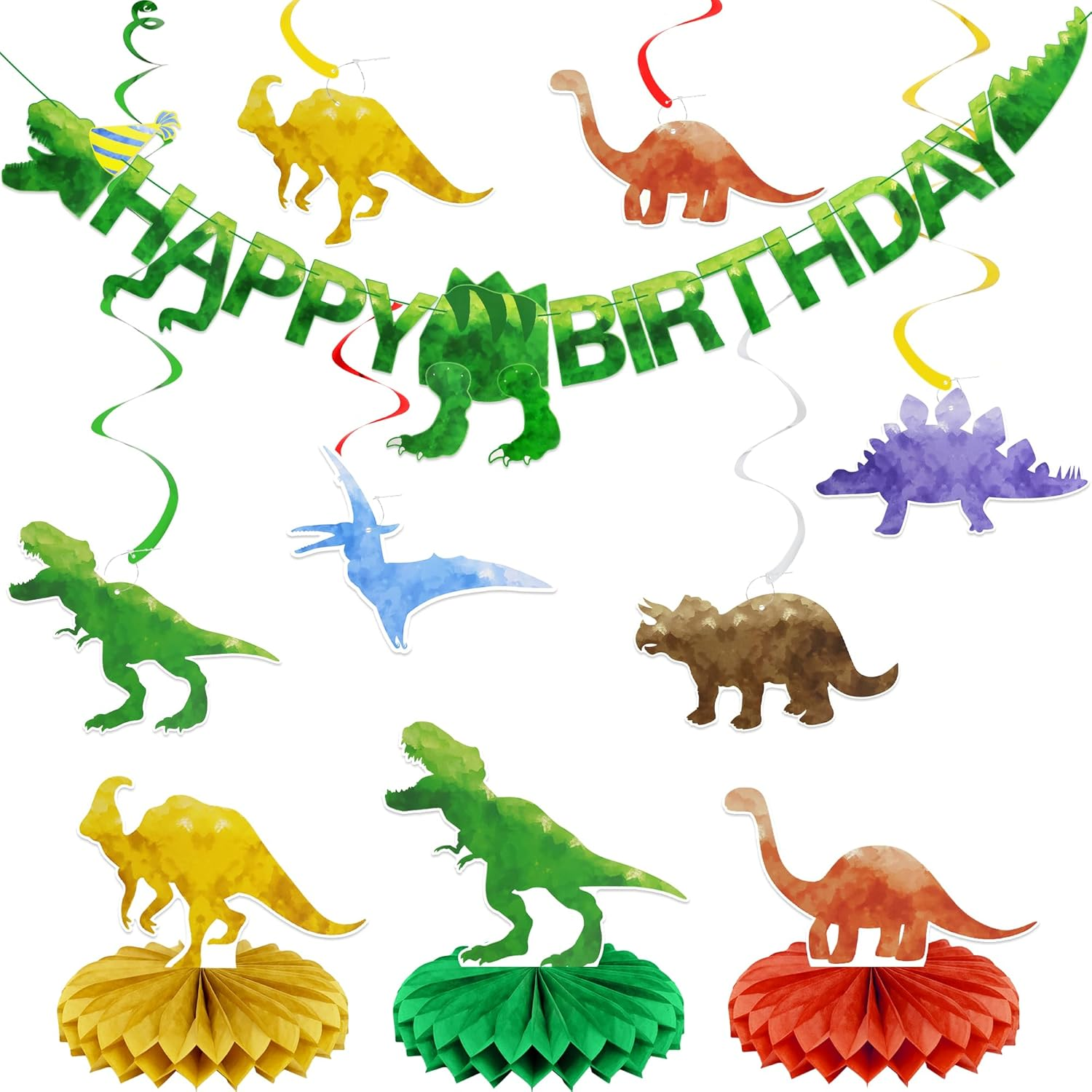 Watercolor Dinosaur Happy Birthday Banner Kids Party Decorations 6 Hanging Swirl Streamer 3 Honeycomb Centerpieces image number 3