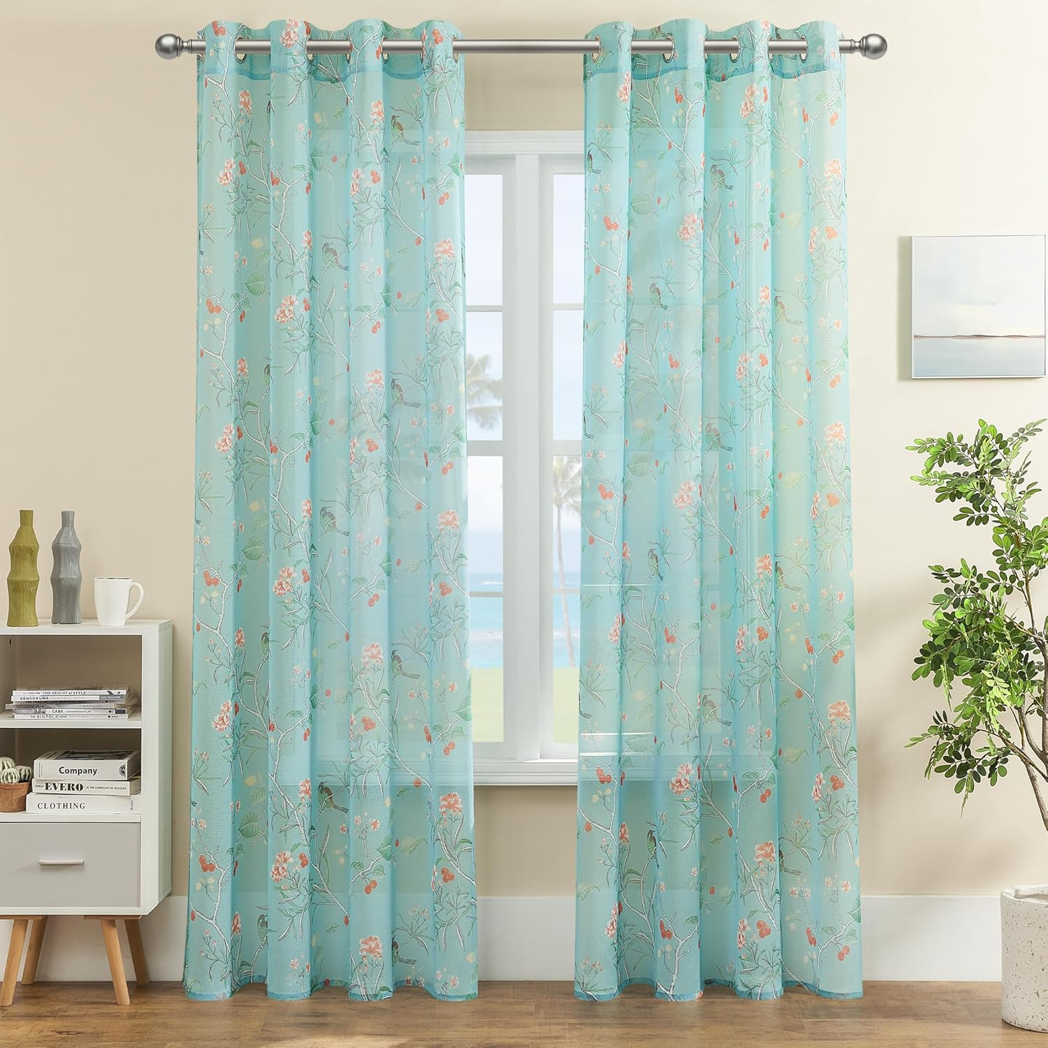 XTMYI Light Green Curtains 63 Inch Length for Bedroom 2 Panels Cute Birds Floral Pattern Rustic Cottage Core Cottagecore Sheer Decorative Kitchen Dining Room Bathroom Window, Sage Green, 52/''X63/''