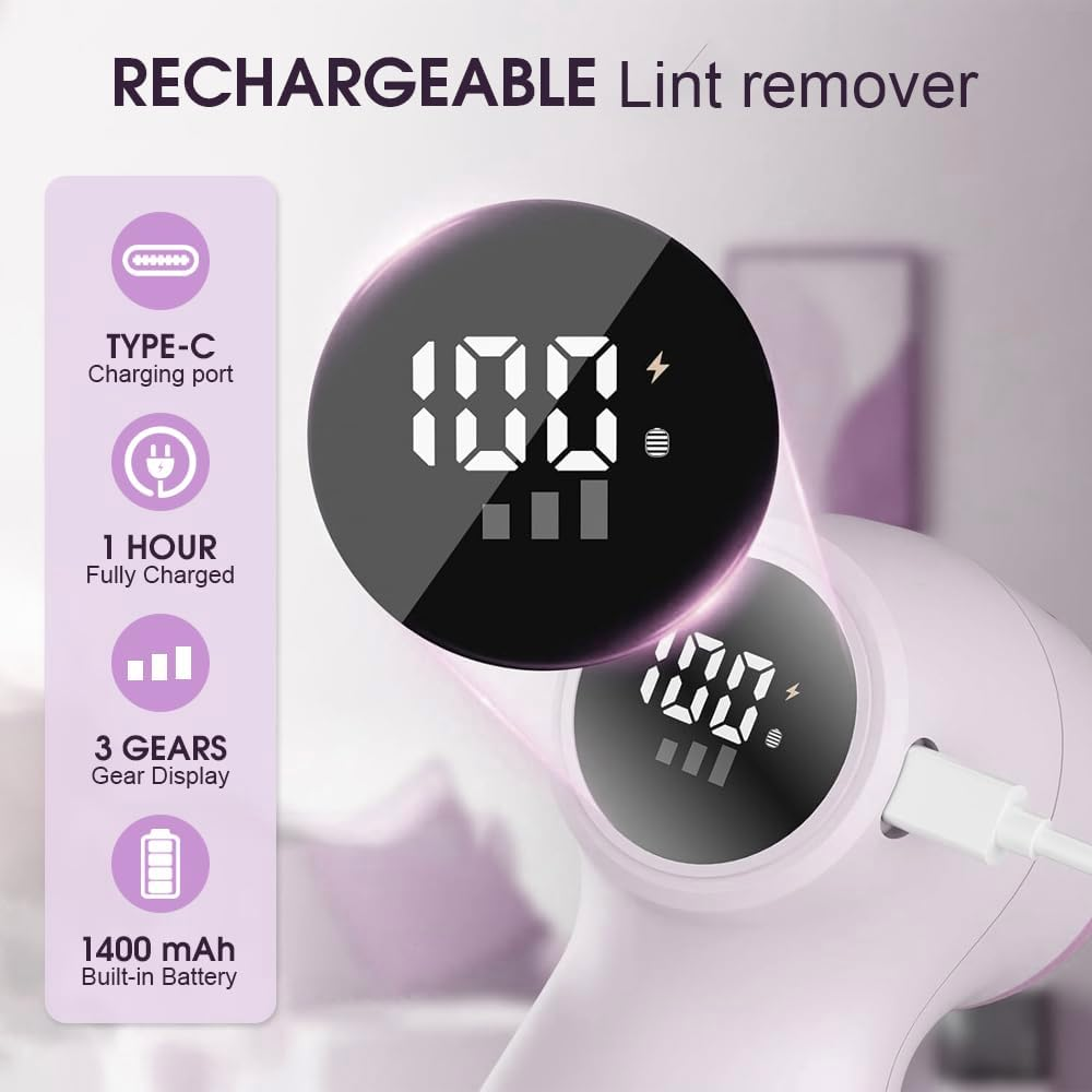 Sonicefit Fabric Shaver Lint Remover, Rechargeable Sweater Defuzzer with 6-Leaf Blades, 3-Speed Lint Shaver with LED Display, Bobble Remover Debobbler for Clothes Sofa Blanket, Safety Lock (Purple)