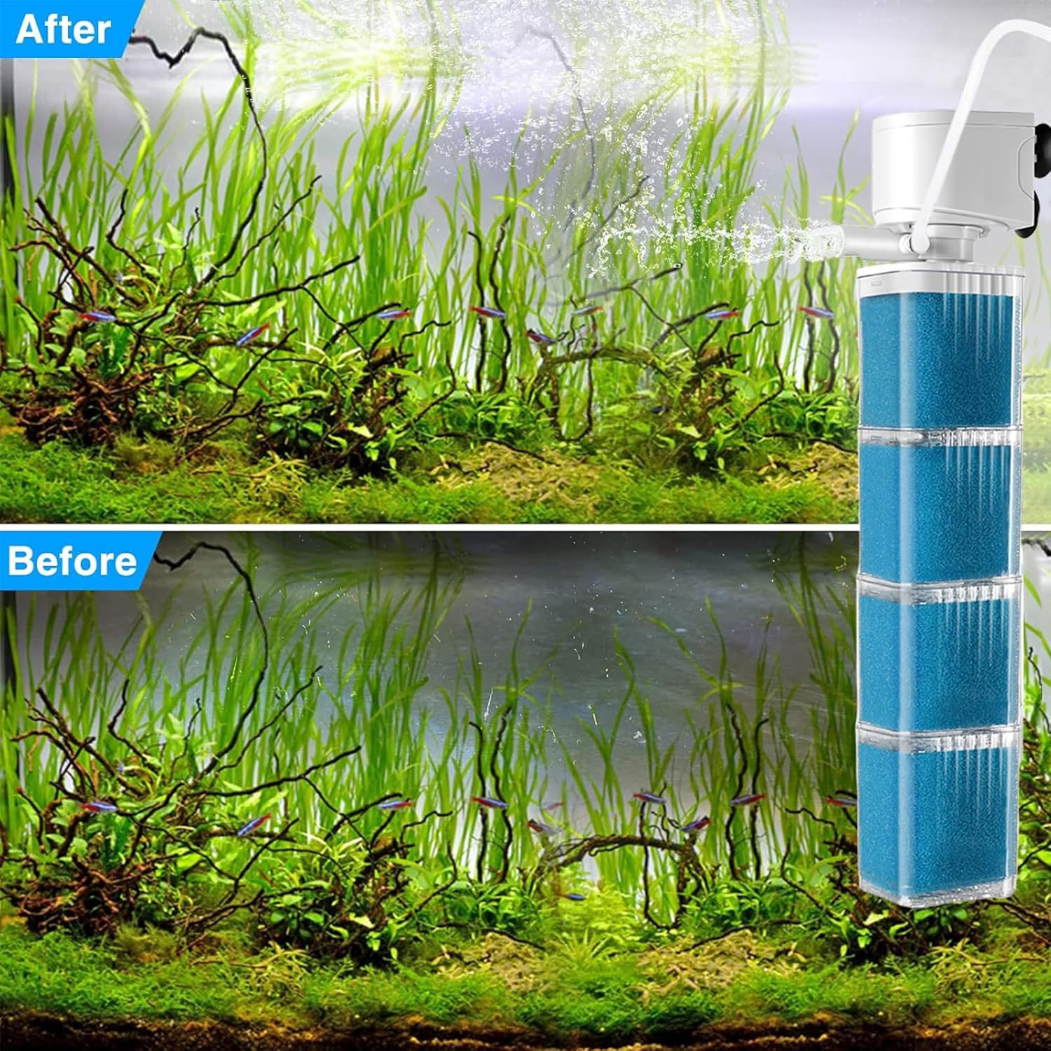 XIULIUU 35W Submersible Aquarium Filter for 30-800 L, 3-In-1 Biochemical Sponge Filter for Aquarium Filtration/Oxygenation/Circulation, up to 2500L/H Adjustable Internal Fish Tank Filter (Blue) image number 3