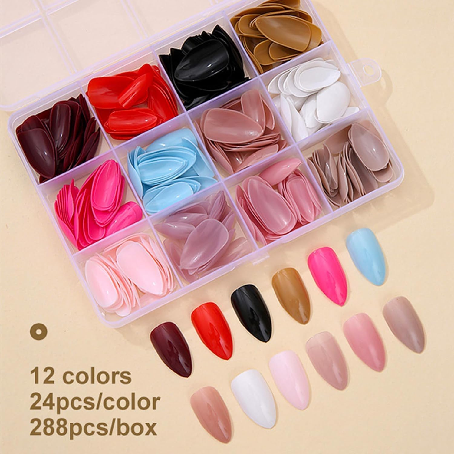 Press on Nails, 12 Colors 288PCS Medium Almond False Nails with 24 Sizes, Full Cover Press on Nails for Women, Lightweight Matte Natural Fake Nails for Nail Art Design (Almond)