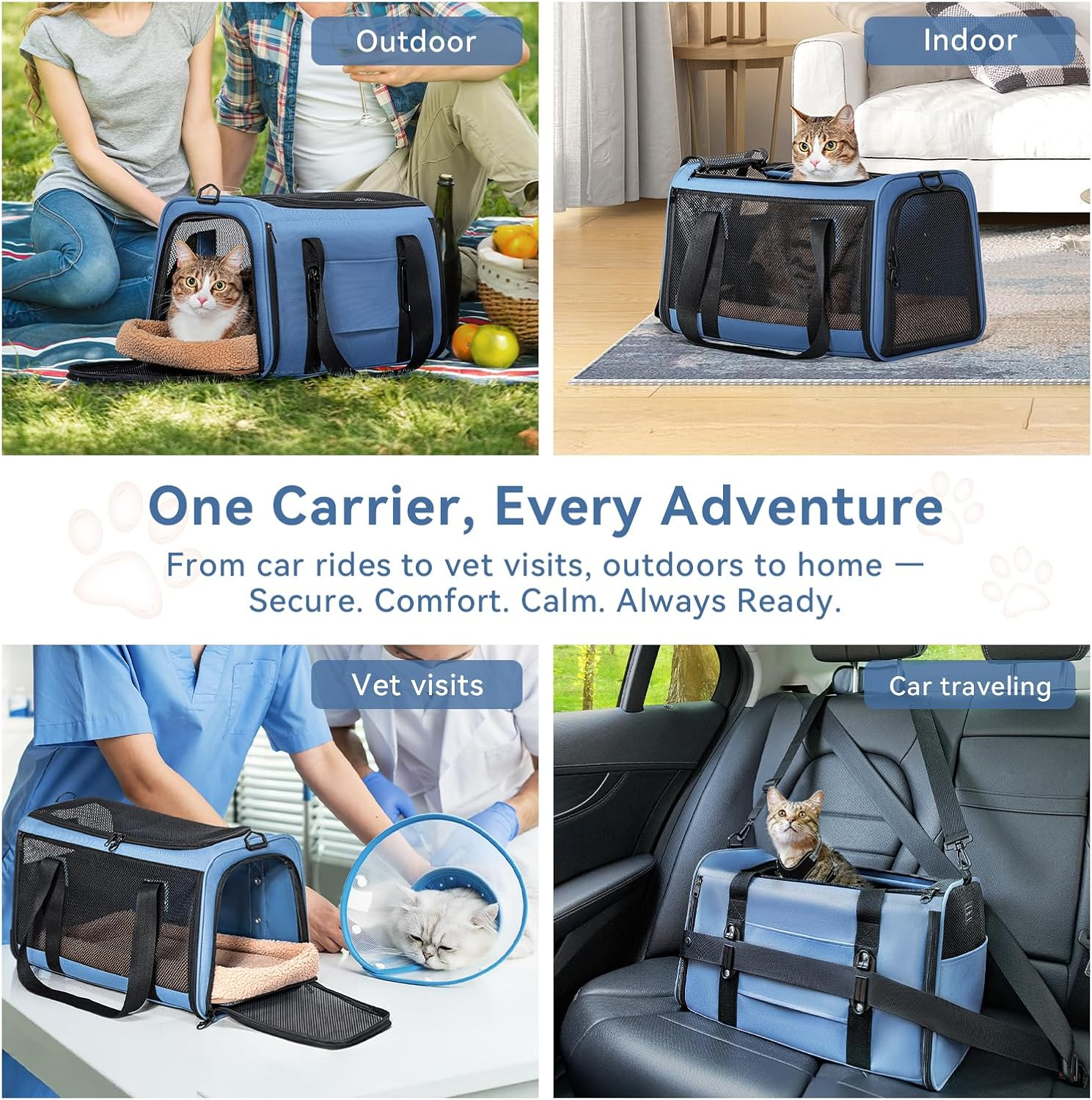 Petsfit Cat Dog Transport Box Car Cat Transport Box Dog - Foldable Carry Bag with 2 Patent Buckles for Car Seat, 4-Sided Mesh & Removable Cushion, M/Blue image number 3