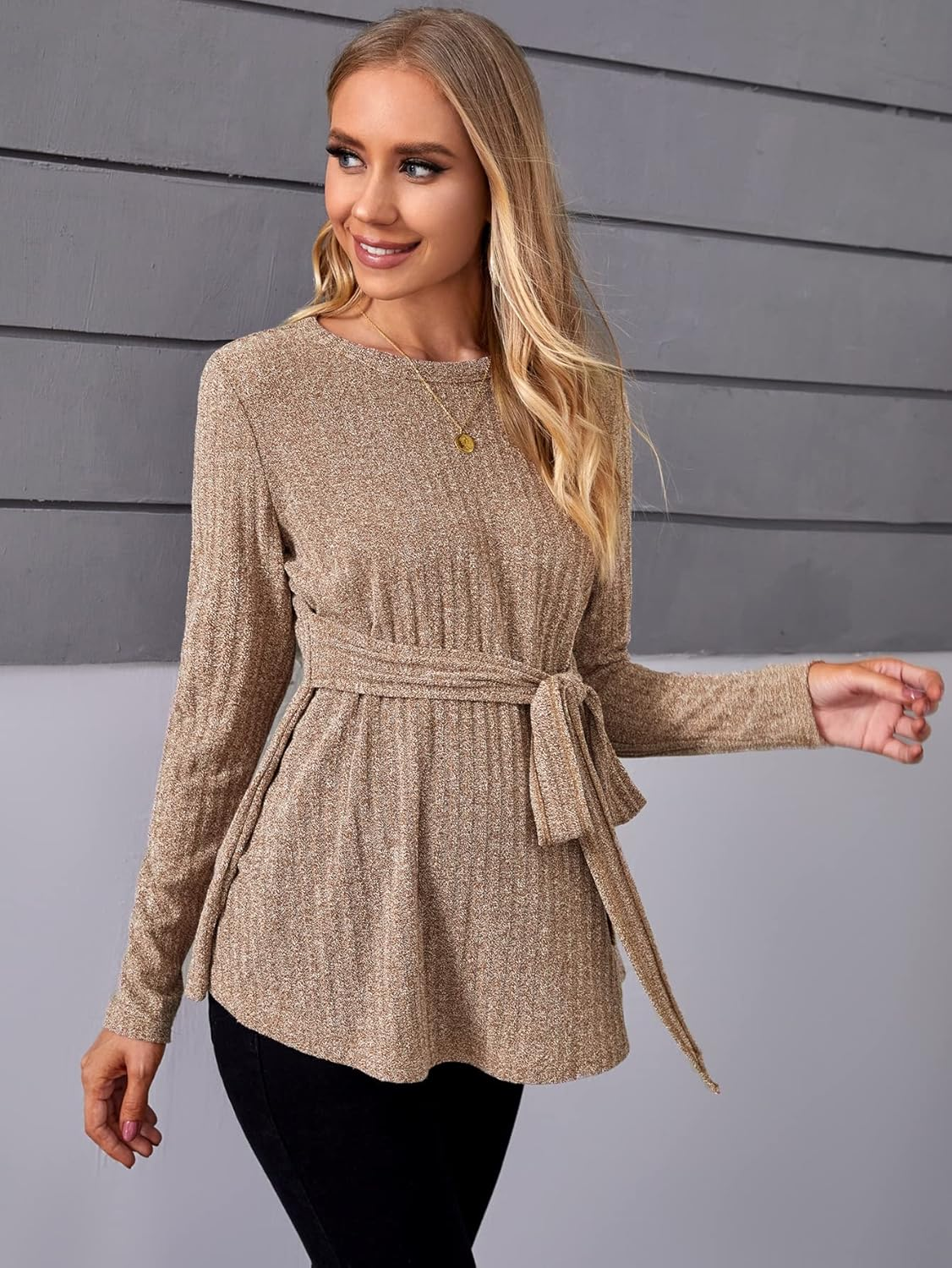 MAKEMECHIC Women'S Maternity Shirts Casual Long Sleeve Tie Front Ribbed Knit Pregnancy Tee Top image number 2