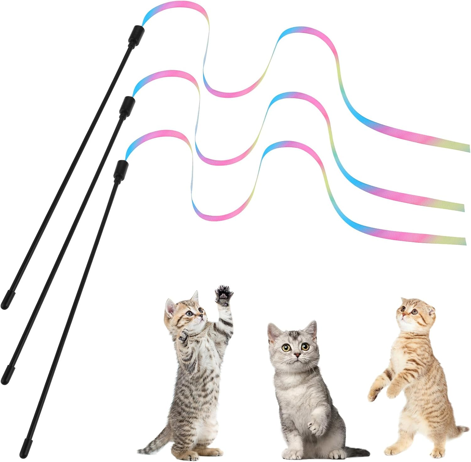 Bewudy Cat Wand Rainbow Toy, 3 Pieces 28 Cm Interactive Cat Wand with 60 Cm Rainbow Ribbon Cord Interactive Rainbow Band Wand for Kittens Cats Training image number 5