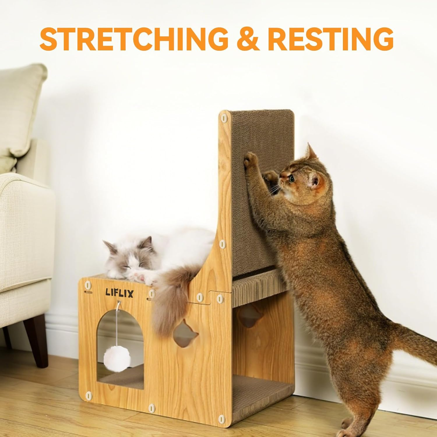 LIFLIX Double-Layer Cat Scratcher, L-Shaped Cardboard Cat Scratching Post with Toys, Cat Scratcher & Hideaway for Indoor Cats to Scratch, Rest, Stretch and Play image number 3