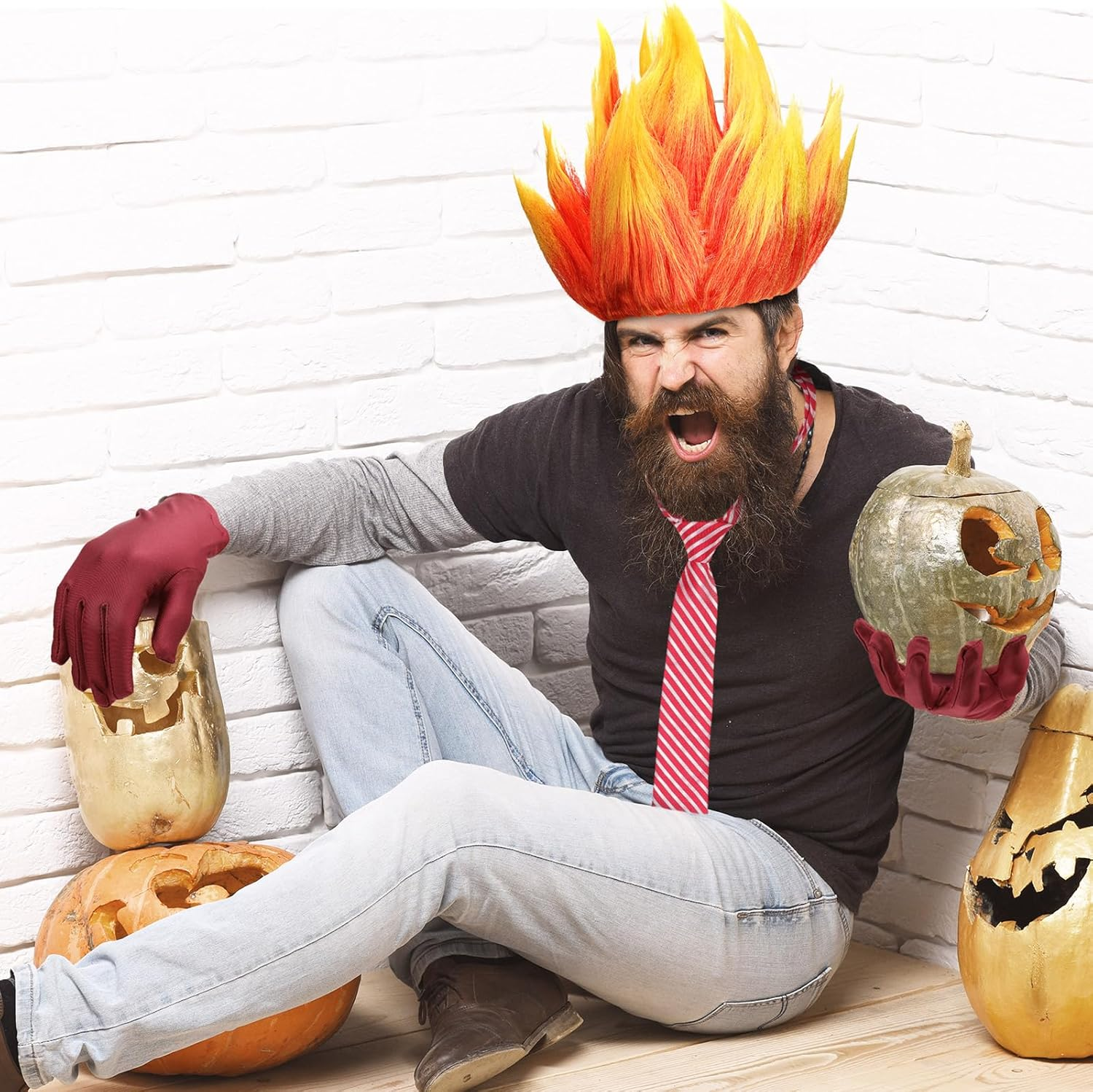 Toulite 3 Pcs Halloween Anger Dress up Set Included 2 Toned Flame Wig Red Textured Tie Red Gloves Halloween Cosplay Costume for Men Adult Party Supplies image number 1