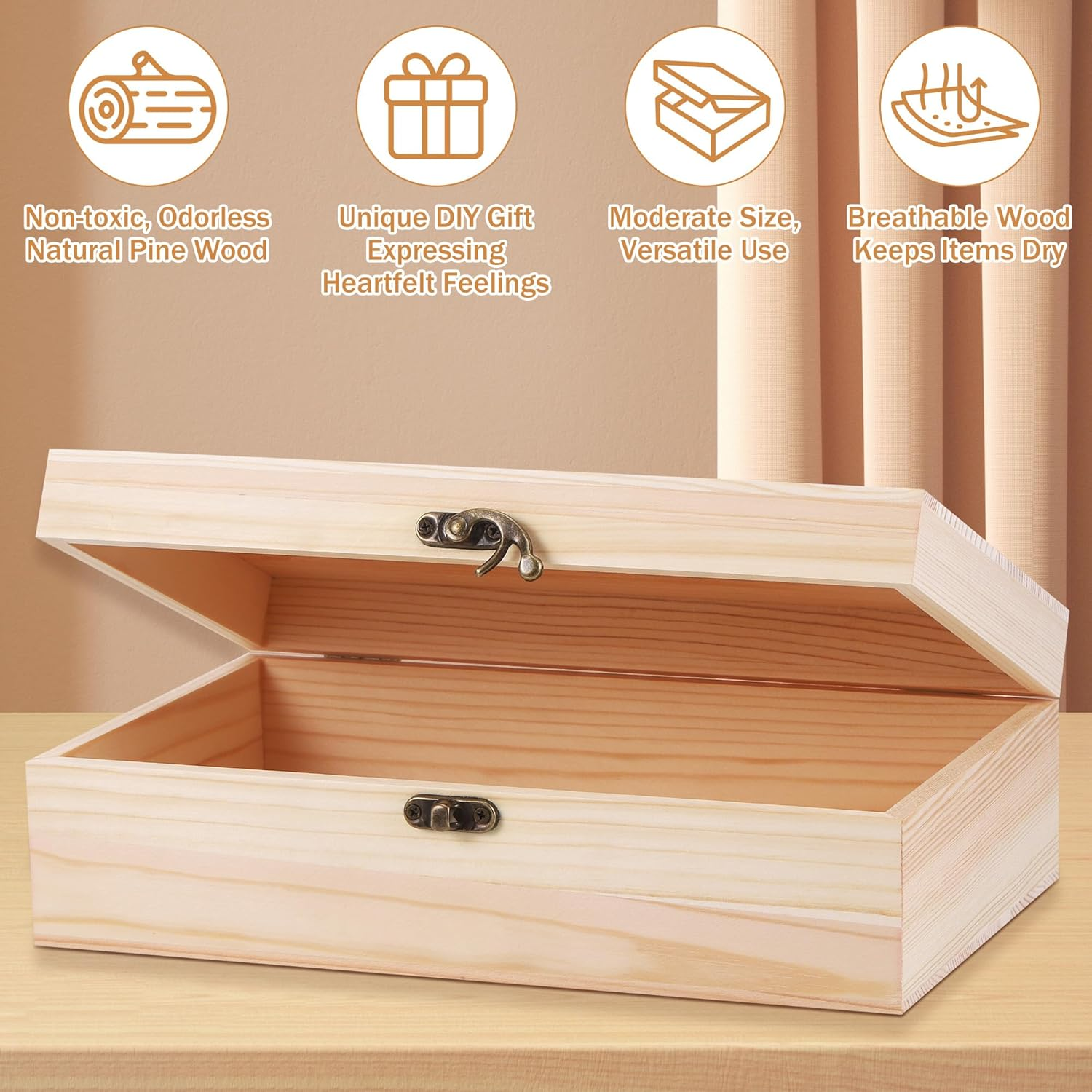 Unfinished Wooden Box with Lid, 25X15X8Cm Small Wooden Box with Hinged Lid & Locking Clasp, Pine Wood Small Wood Crate Boxs, Arts and Crafts Storage Box for Home Table Decoration Keepsake image number 5