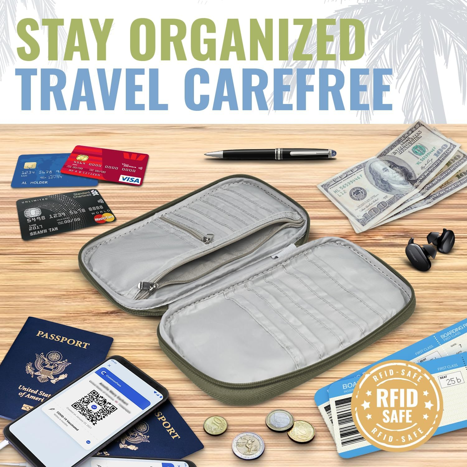 BOACAY Travel Document Organizer with RFID, Family Passport Holder, Wallet for Women & Men, Portable & Waterproof Case for Cards, Boarding Pass, Money - Quartz Gray image number 6