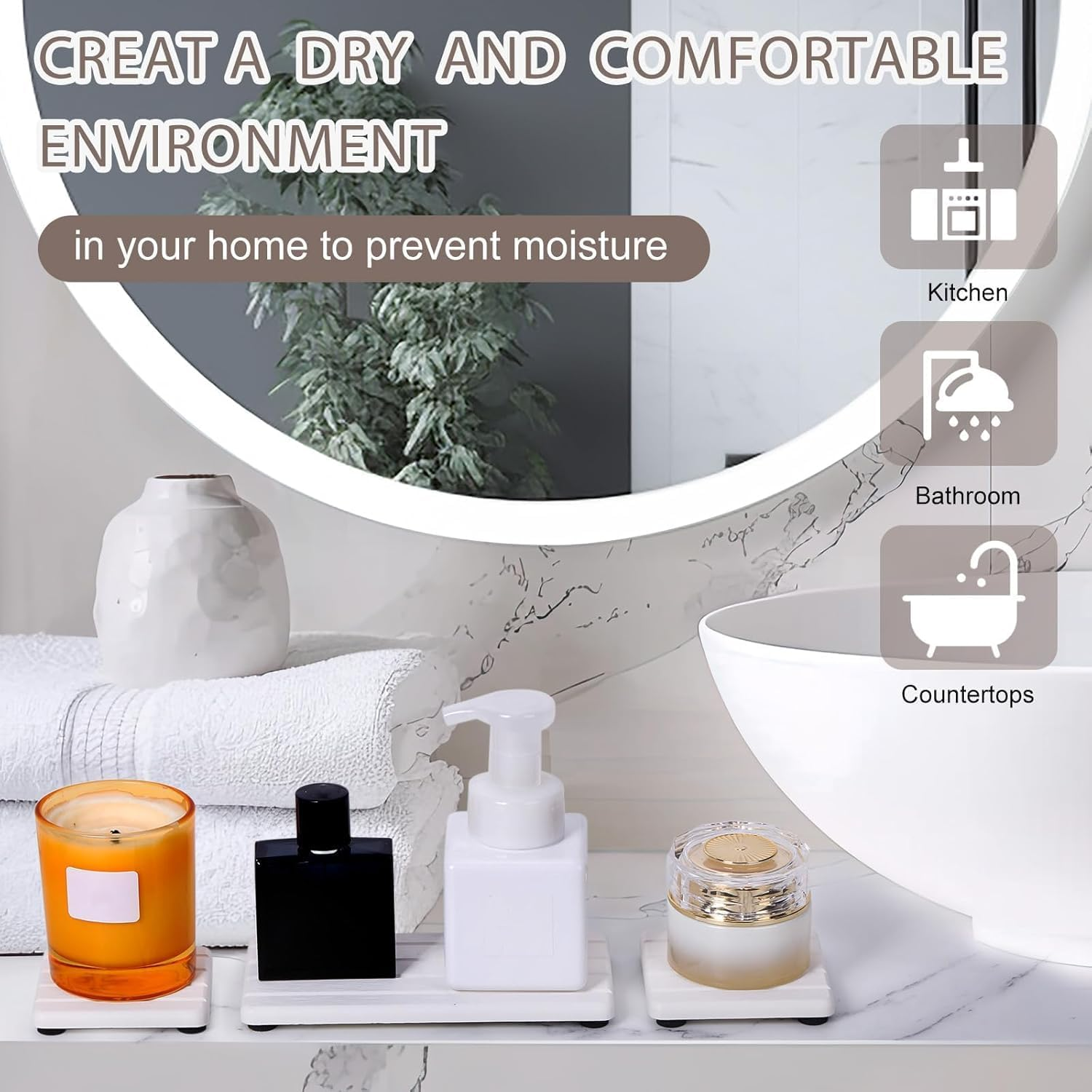 Set of 4 Water Absorbent Diatomite Coasters, Diatomaceous Earth Kitchen Soap Dish, Water Absorbing Stone Used for Hand Soaps & Plants & Toiletries in the Modern Home (White with Grooves) - Grey image number 4