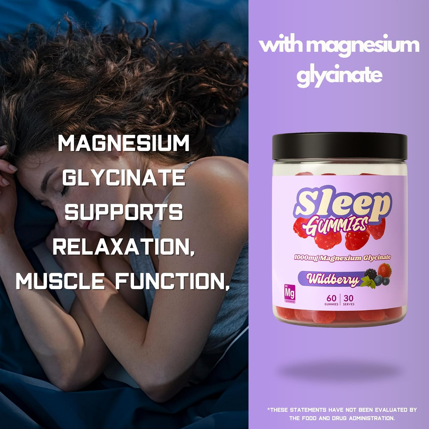 Magnesium Glycinate Gummies &ndash; 1000Mg Magnesium Bisglycinate per Serving &ndash; Wildberry Flavor &ndash; Vegan, Gluten-Free, No Artificial Colors &ndash; 60 Gummies (30 Servings) image number 1