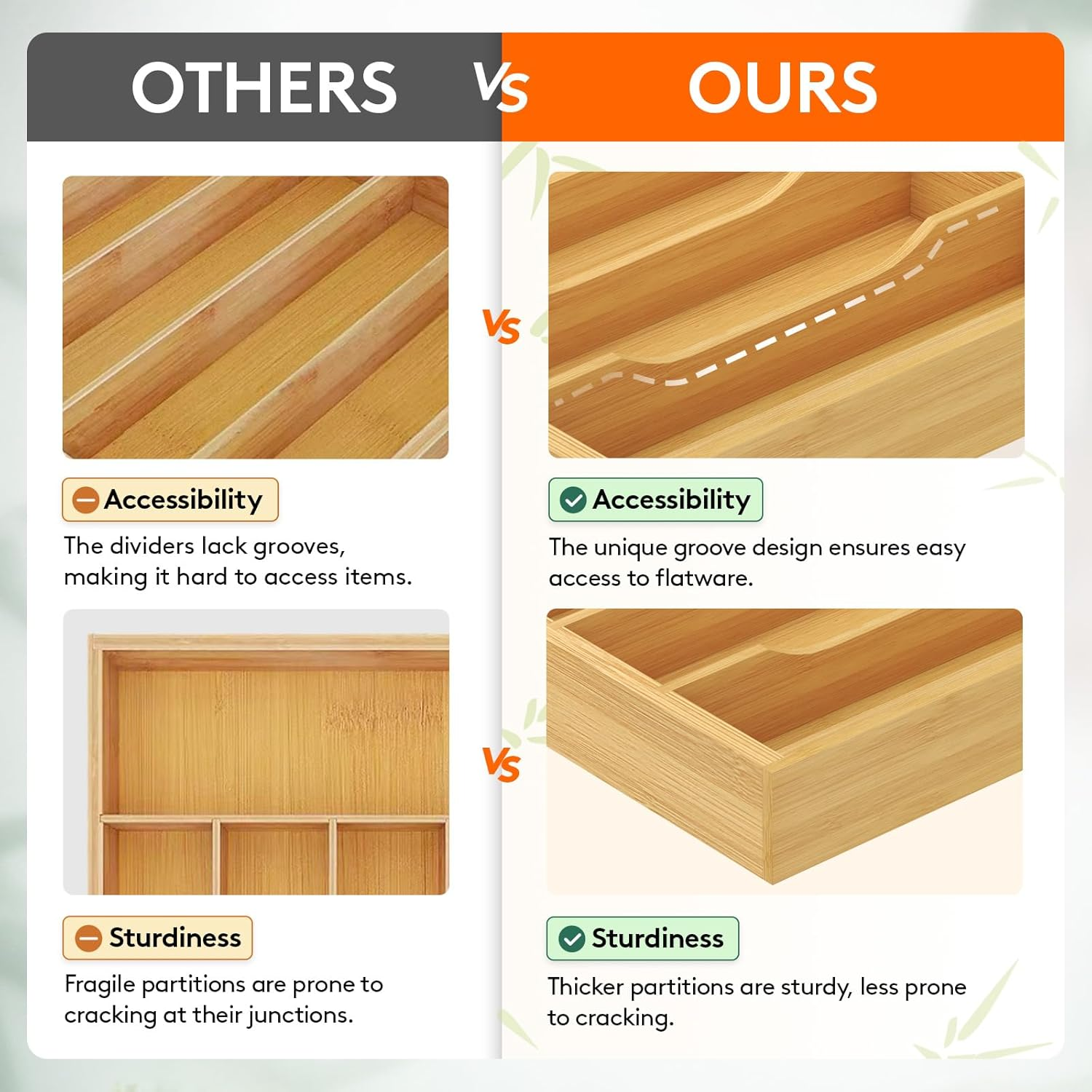 Lifewit Silverware Drawer Organizer Tray, Bamboo Cutlery Storage for Kitchen Drawer, 5 Compartment Flatware and Utensil Holder Divider for Spoons Forks Knives Tableware, Natural image number 2