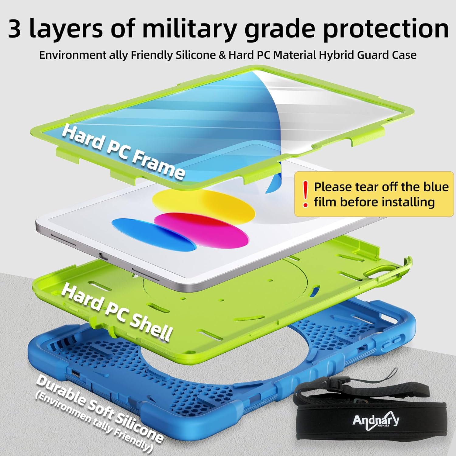 Case for Ipad (A16) 11Th Generation 11 Inch 2025/10Th Generation 10.9 Inch 2022, Heavy Duty Shockproof Cover with 360&deg; Rotating Handle/Bracket/Pen Holder/Shoulder Strap, Blue+Green image number 6